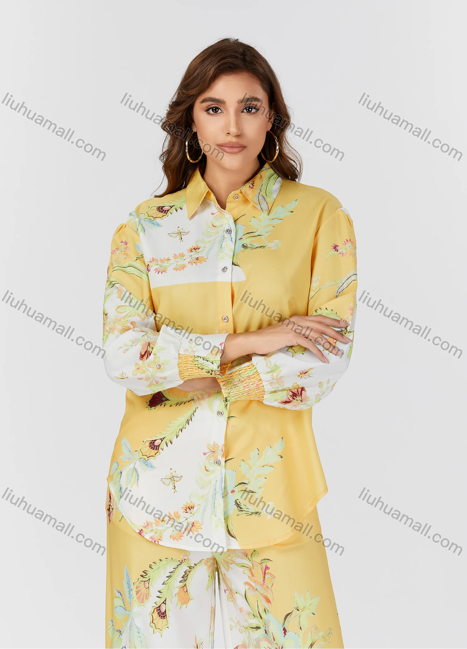 Wholesale Women's Casual Allover Floral Print Curved Hem Long Sleeve Shirt & Wide Leg Pants 2 Piece Set V3768# - Liuhuamall