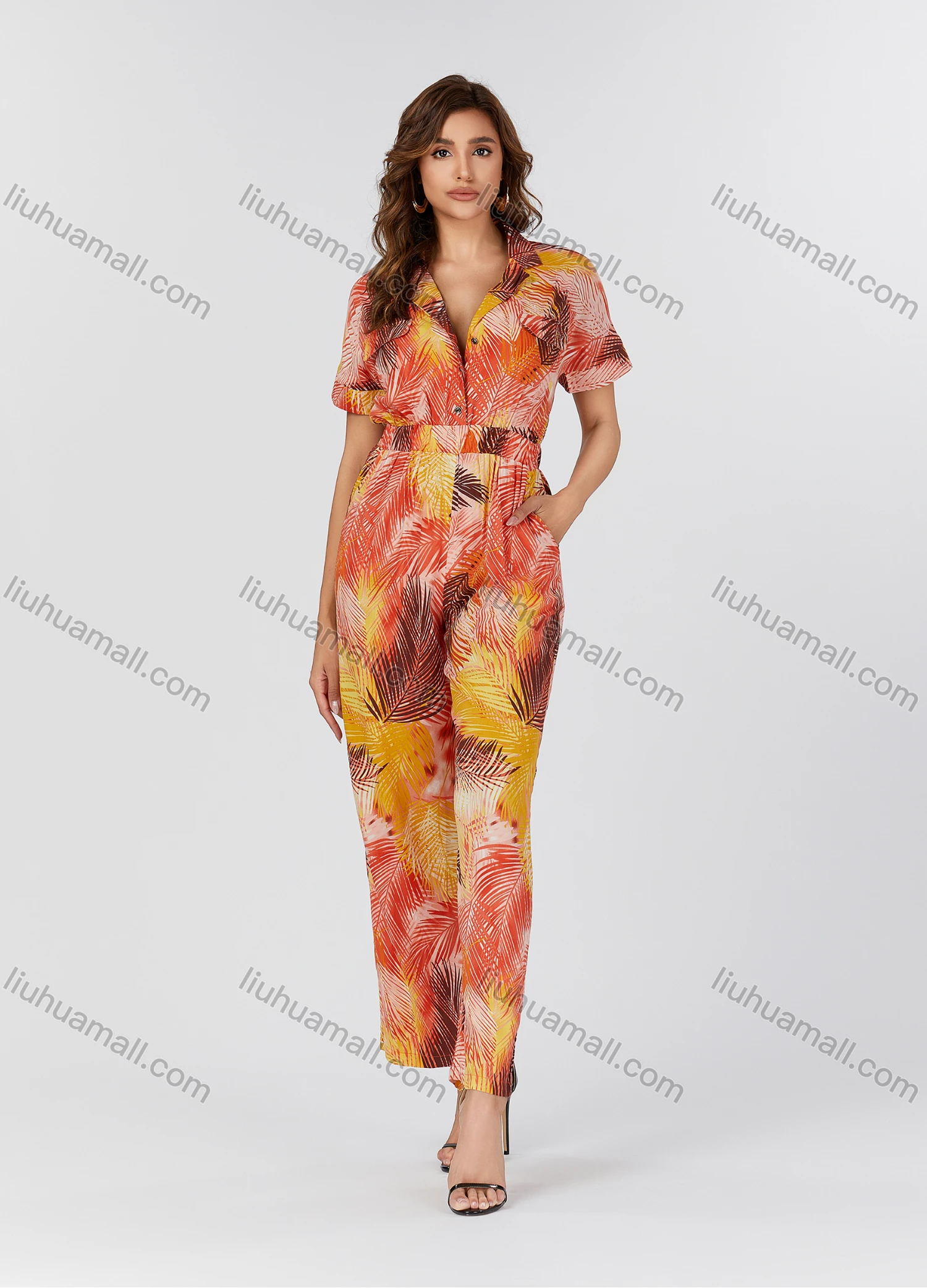 Wholesale Women's Casual Tie Dye Allover Leaf Print Lapel Short Sleeve Wide Leg Jumpsuit K1458# - Liuhuamall