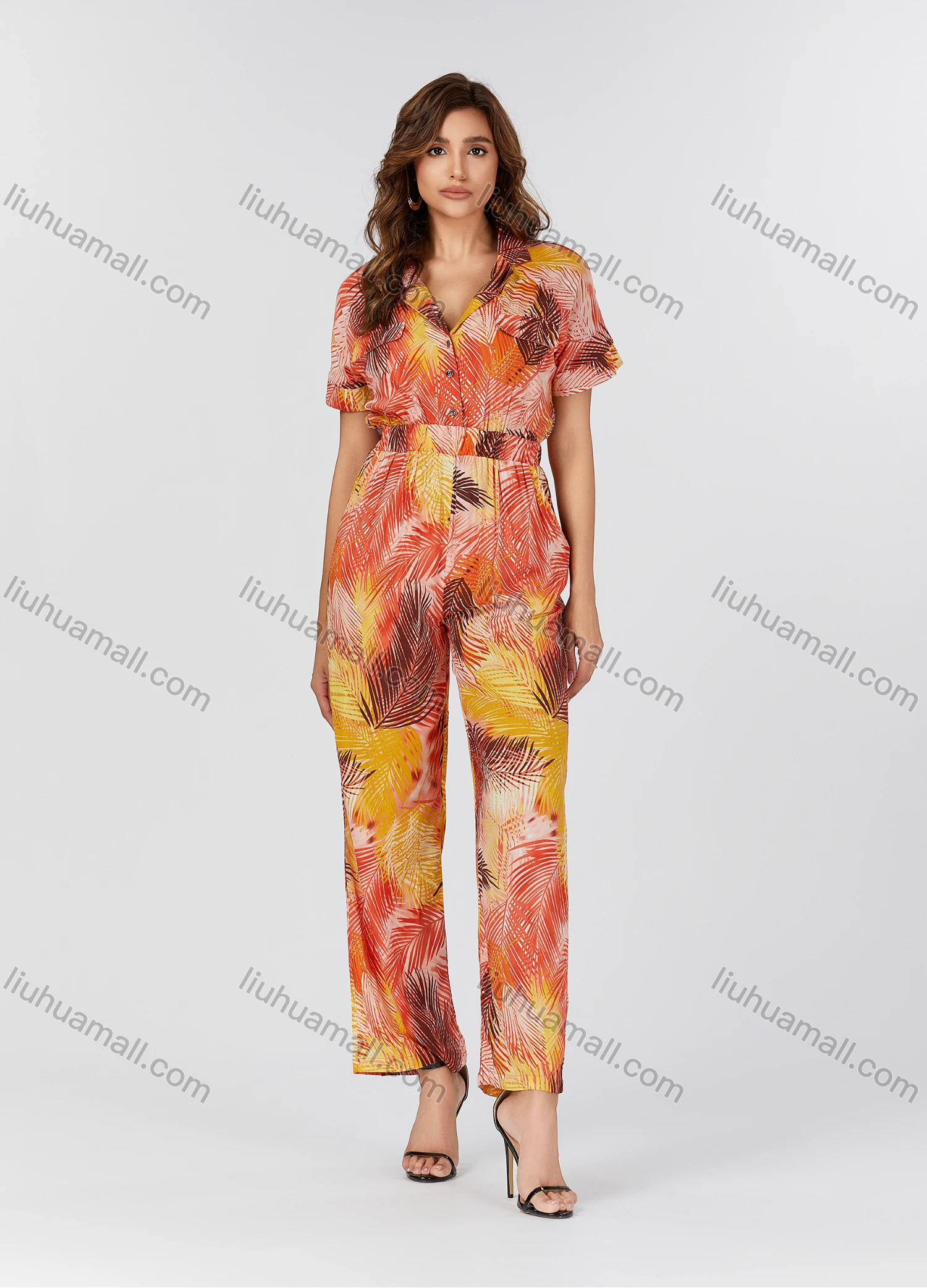 Wholesale Women's Casual Tie Dye Allover Leaf Print Lapel Short Sleeve Wide Leg Jumpsuit K1458# - Liuhuamall