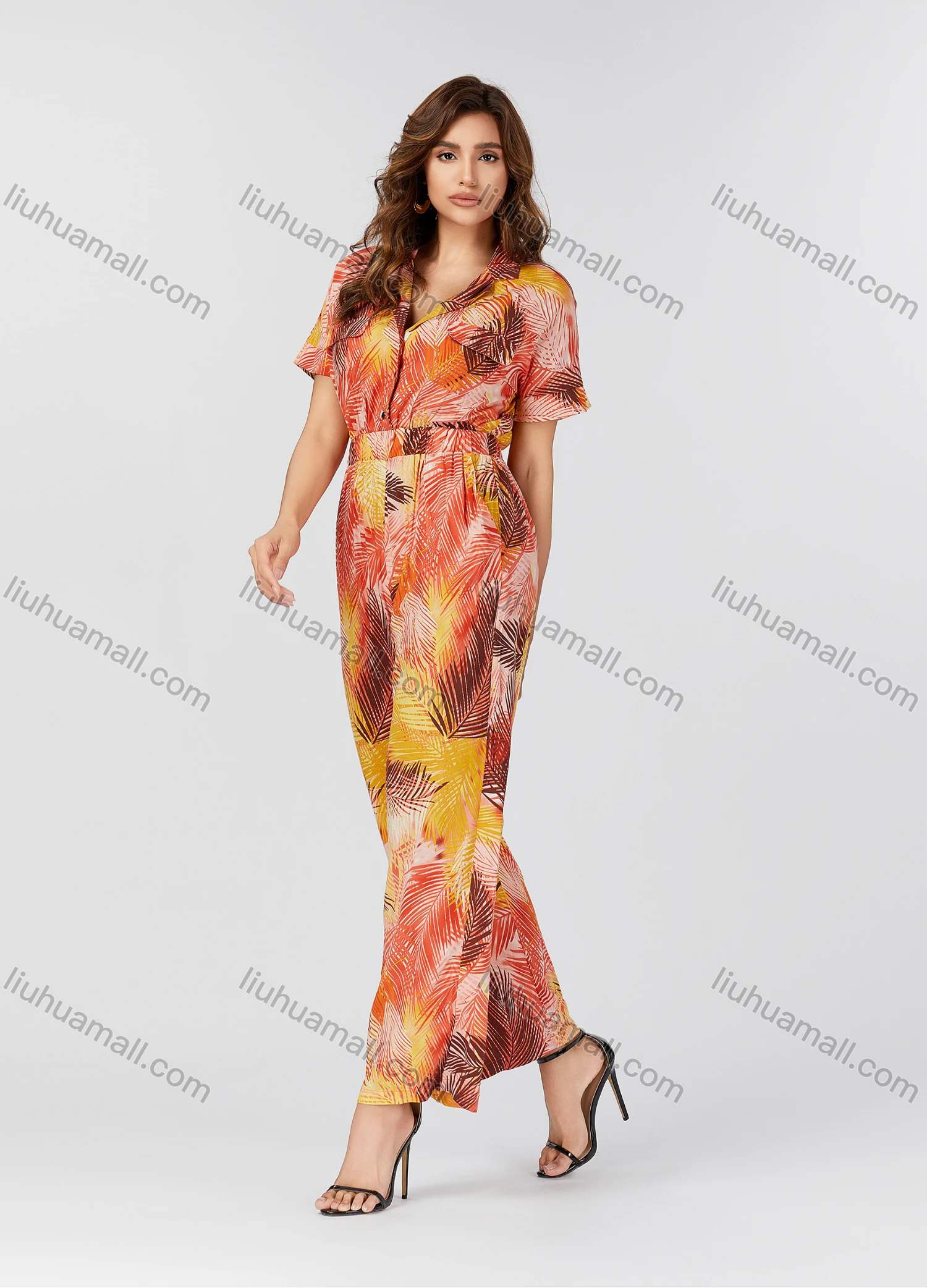 Wholesale Women's Casual Tie Dye Allover Leaf Print Lapel Short Sleeve Wide Leg Jumpsuit K1458# - Liuhuamall