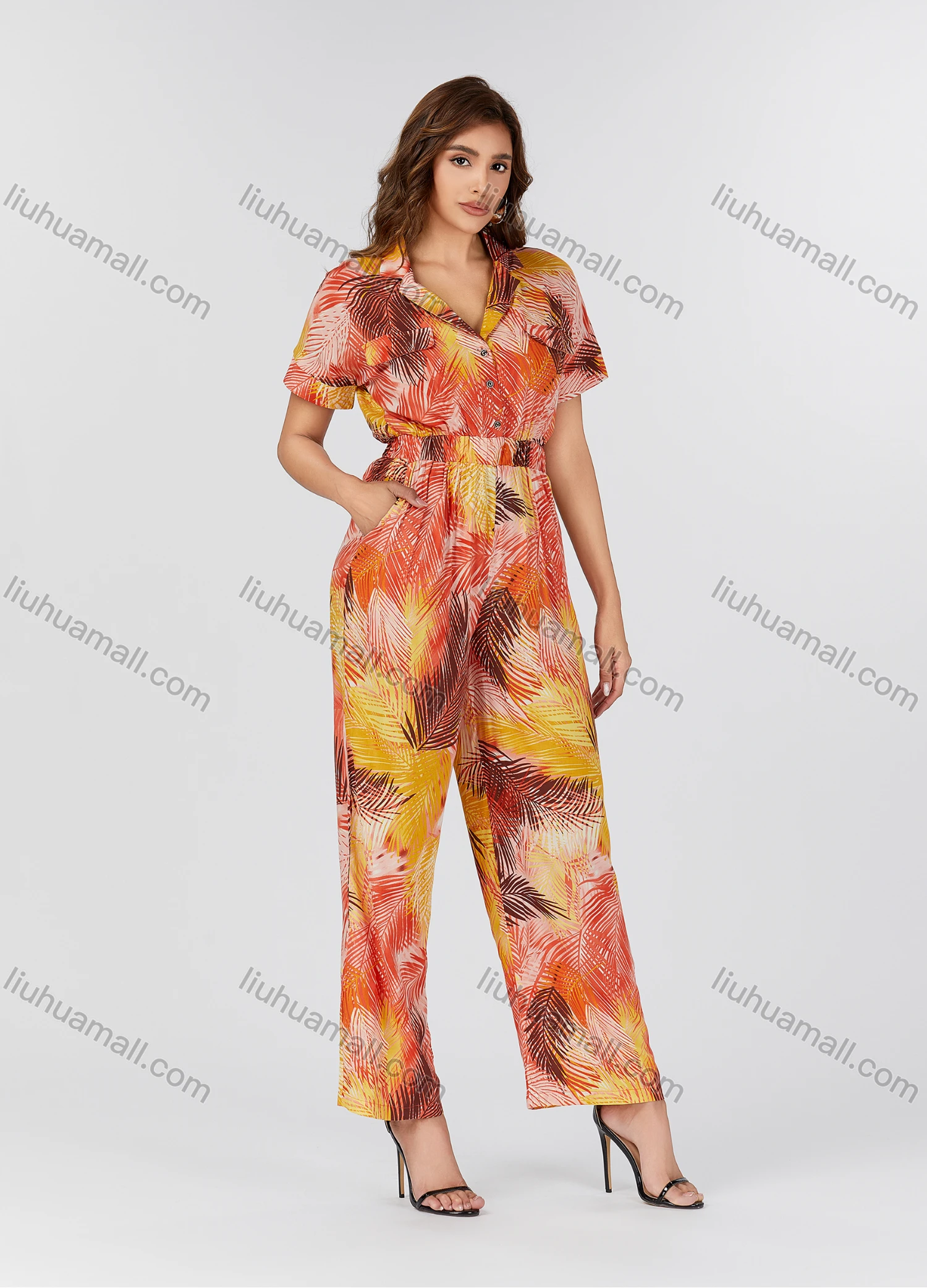 Wholesale Women's Casual Tie Dye Allover Leaf Print Lapel Short Sleeve Wide Leg Jumpsuit K1458# - Liuhuamall