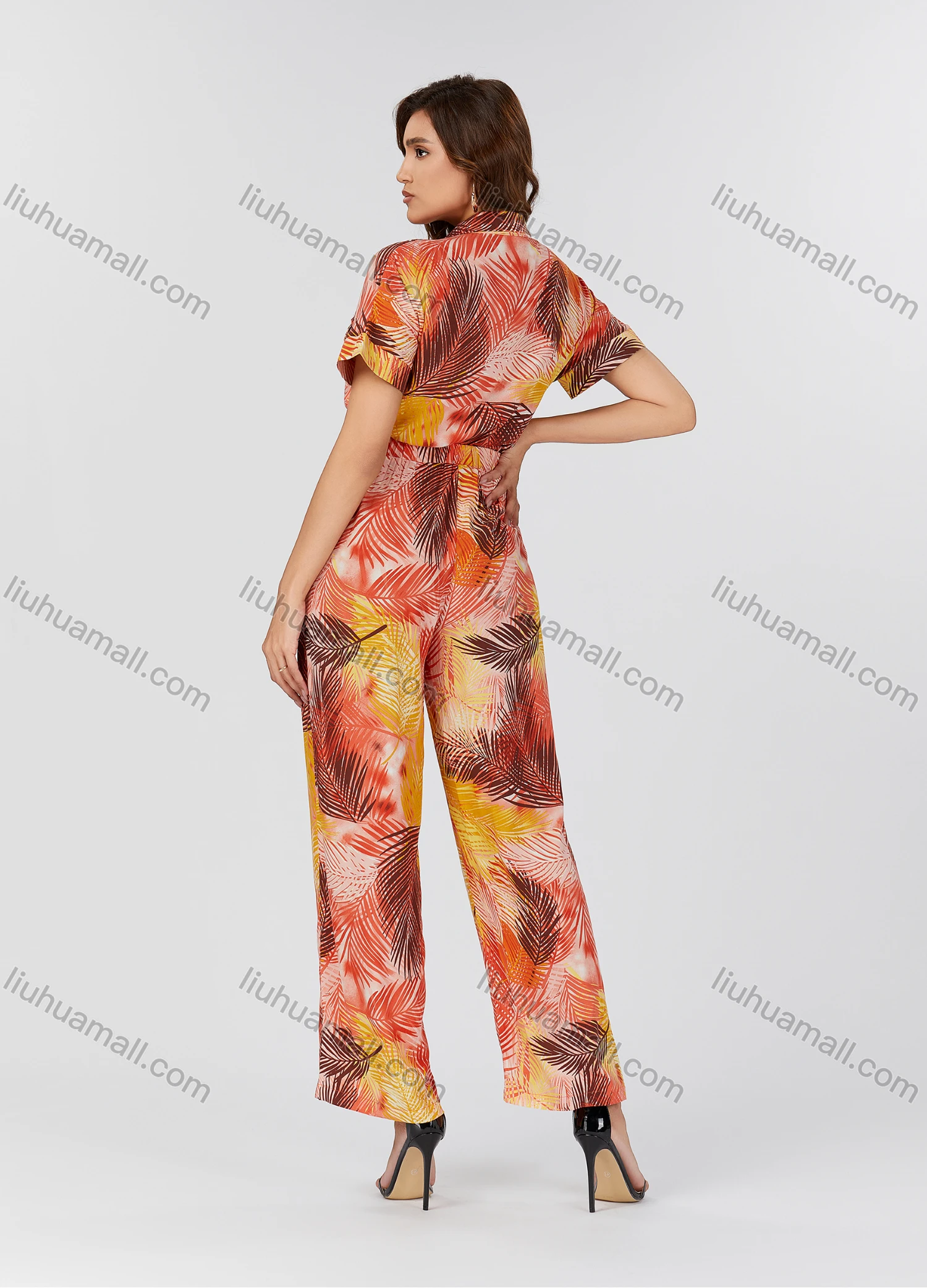 Wholesale Women's Casual Tie Dye Allover Leaf Print Lapel Short Sleeve Wide Leg Jumpsuit K1458# - Liuhuamall
