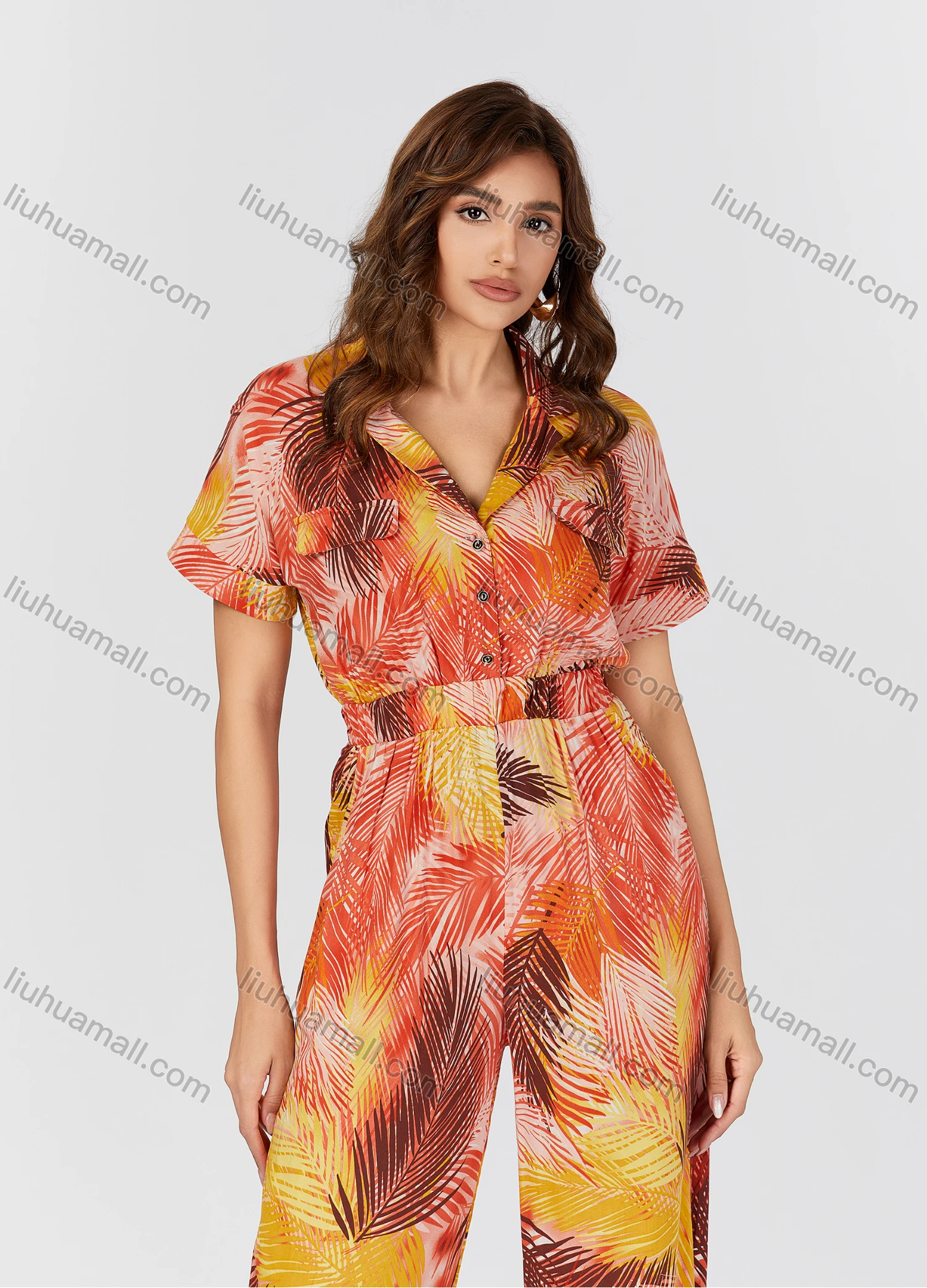 Wholesale Women's Casual Tie Dye Allover Leaf Print Lapel Short Sleeve Wide Leg Jumpsuit K1458# - Liuhuamall