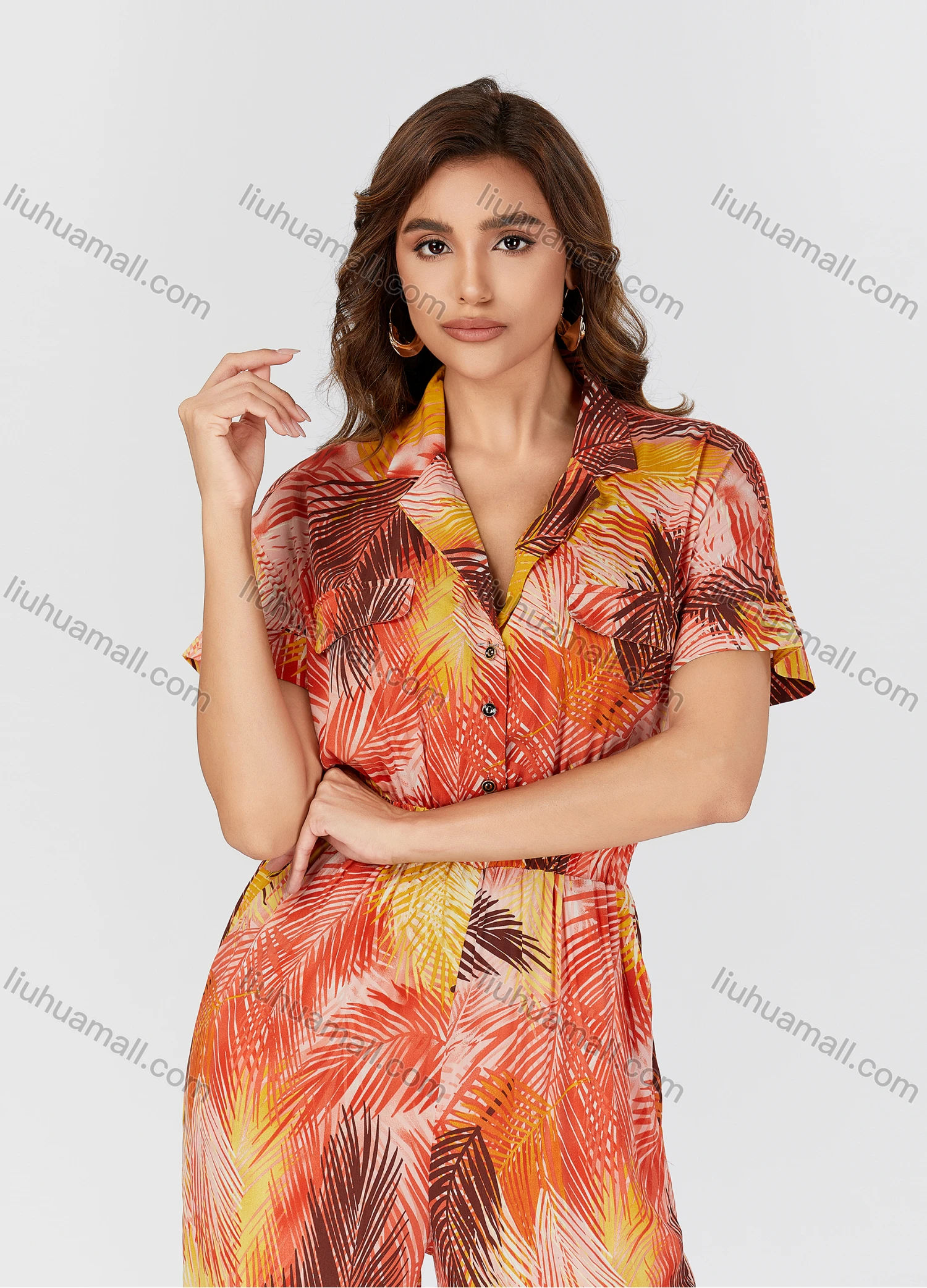 Wholesale Women's Casual Tie Dye Allover Leaf Print Lapel Short Sleeve Wide Leg Jumpsuit K1458# - Liuhuamall