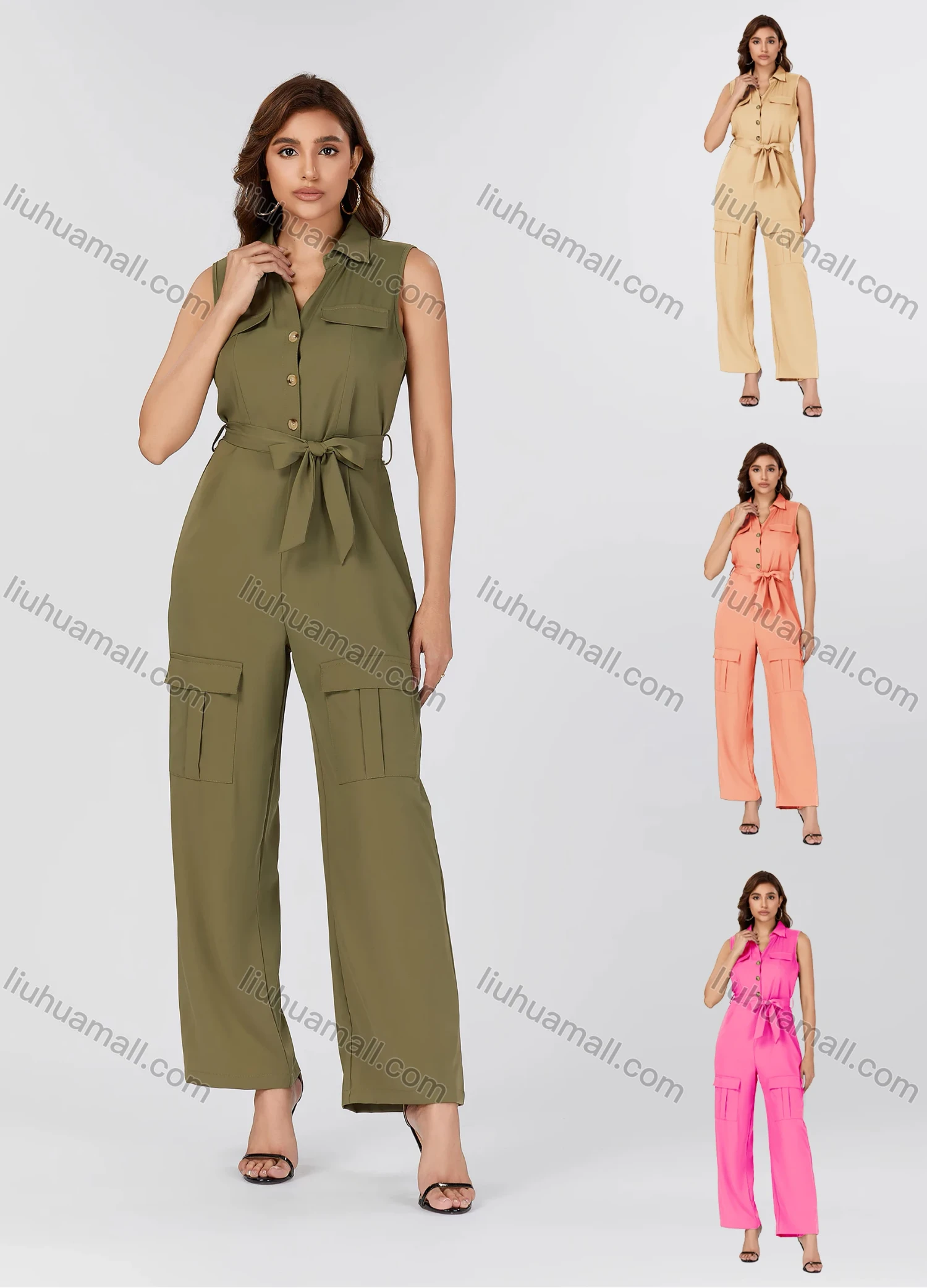 Wholesale Women's Casual Plain Turn-down Collar Flap Pockets Sleeveless Jumpsuit With Belt K1469# - Liuhuamall