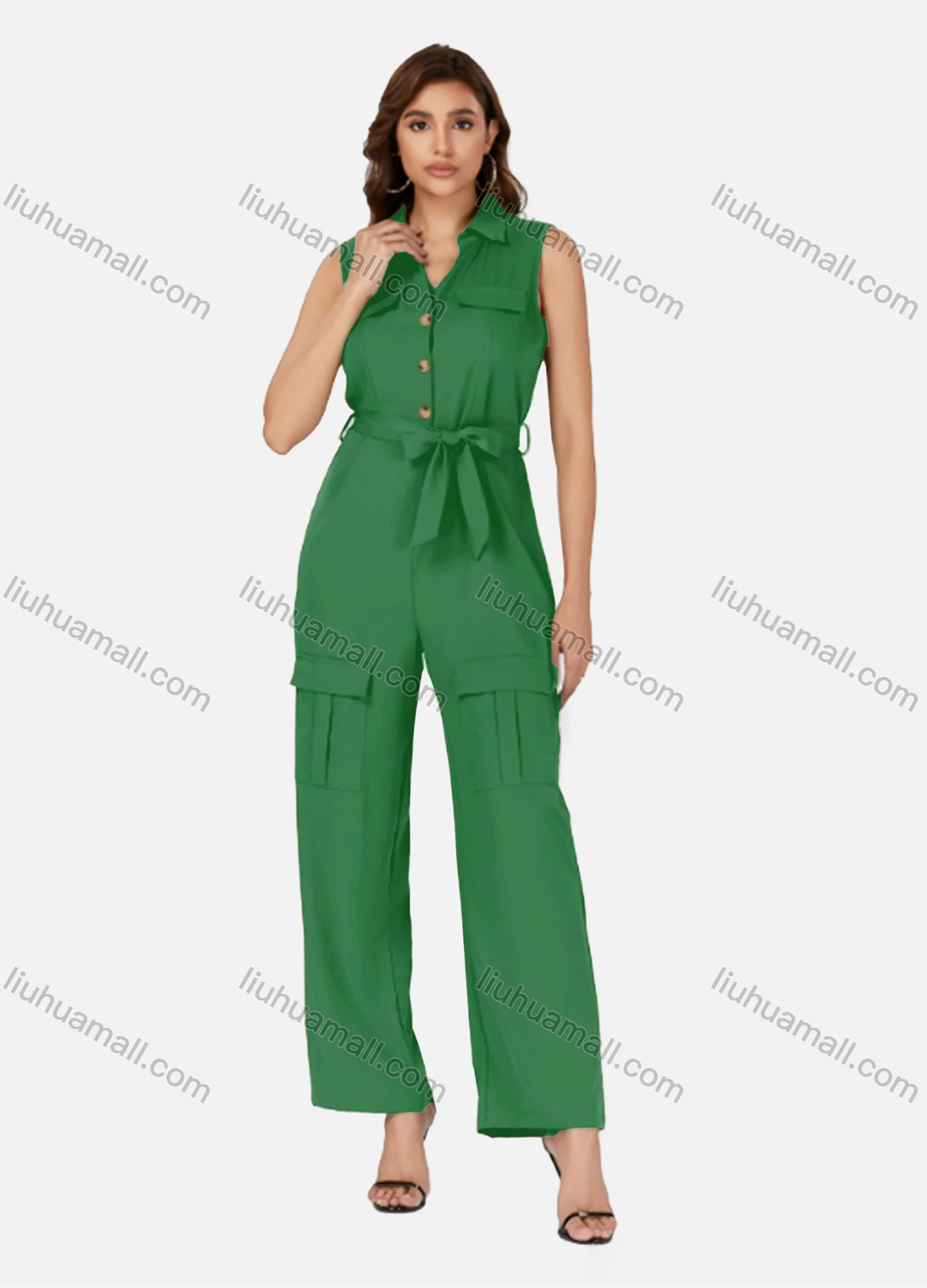 Wholesale Women's Casual Plain Turn-down Collar Flap Pockets Sleeveless Jumpsuit With Belt K1469# - Liuhuamall