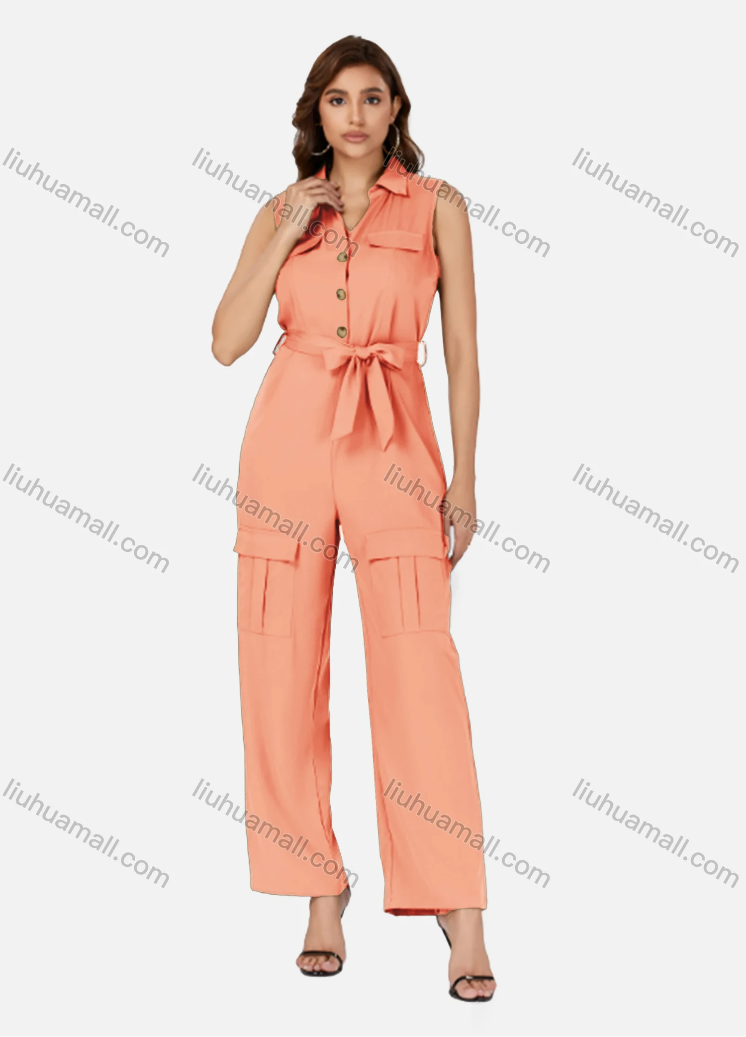Wholesale Women's Casual Plain Turn-down Collar Flap Pockets Sleeveless Jumpsuit With Belt K1469# - Liuhuamall