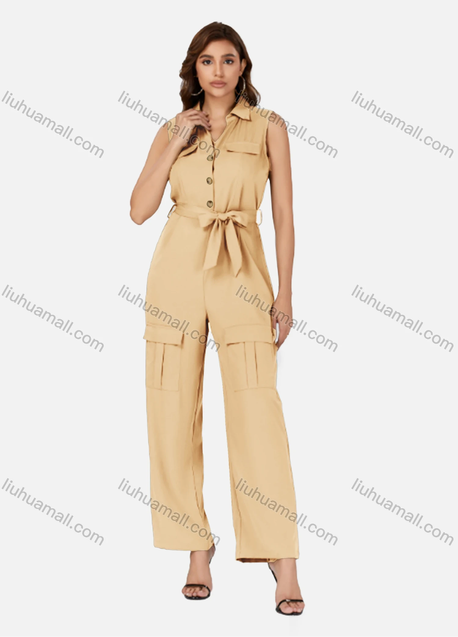 Wholesale Women's Casual Plain Turn-down Collar Flap Pockets Sleeveless Jumpsuit With Belt K1469# - Liuhuamall