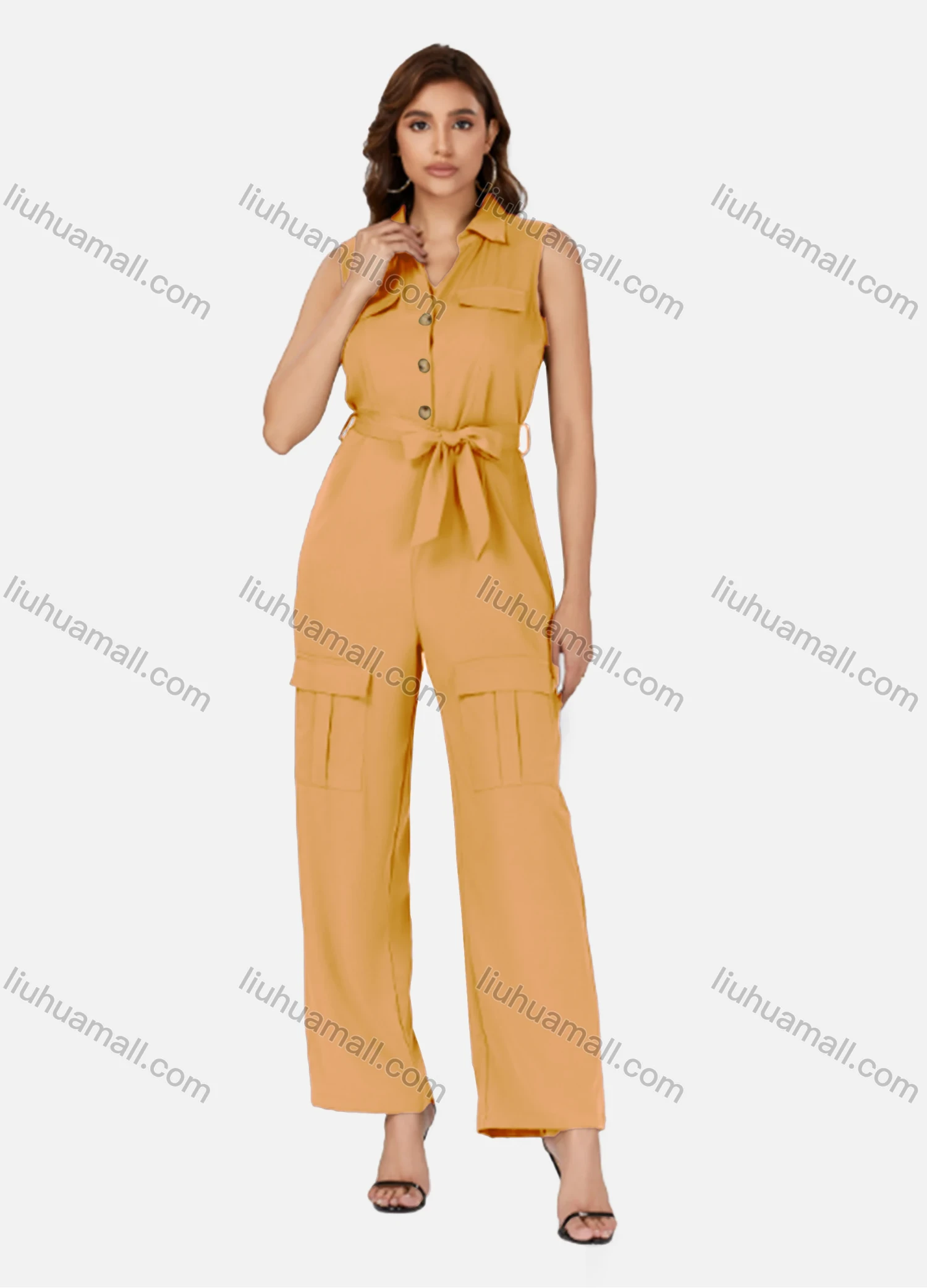 Wholesale Women's Casual Plain Turn-down Collar Flap Pockets Sleeveless Jumpsuit With Belt K1469# - Liuhuamall