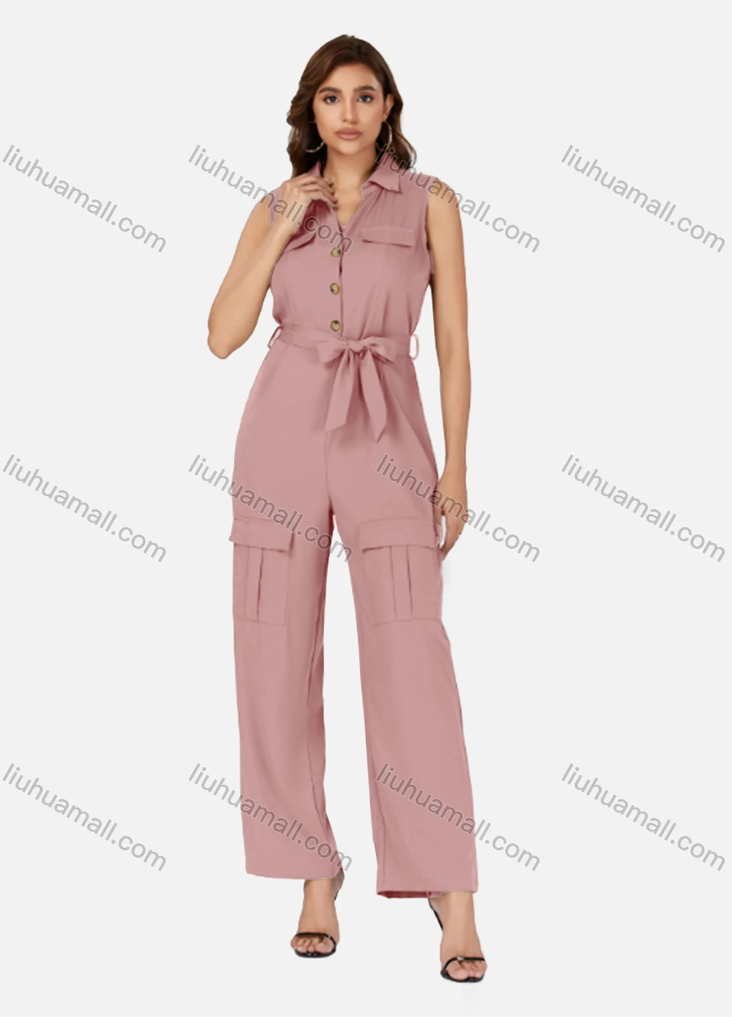 Wholesale Women's Casual Plain Turn-down Collar Flap Pockets Sleeveless Jumpsuit With Belt K1469# - Liuhuamall