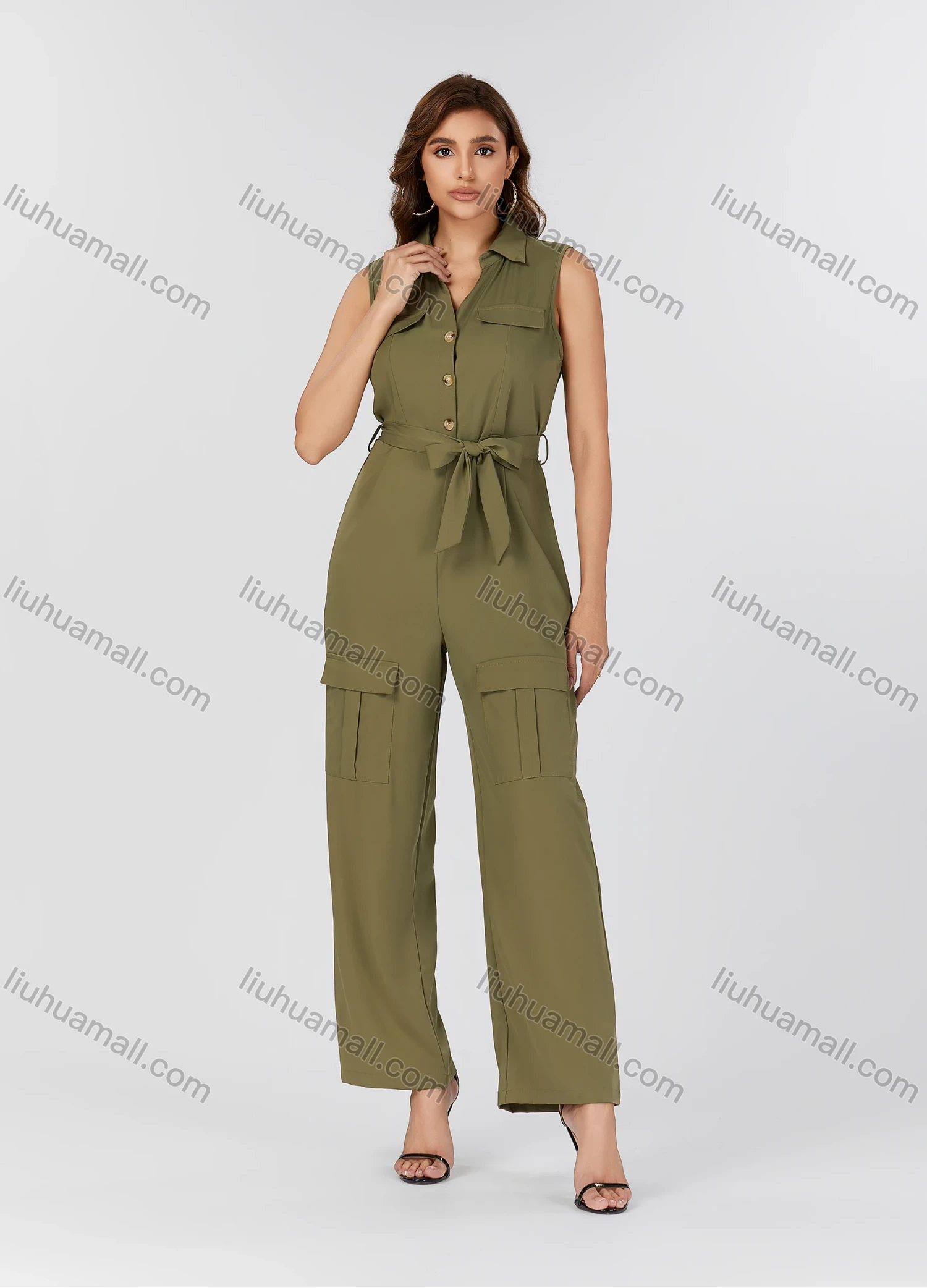 Wholesale Women's Casual Plain Turn-down Collar Flap Pockets Sleeveless Jumpsuit With Belt K1469# - Liuhuamall