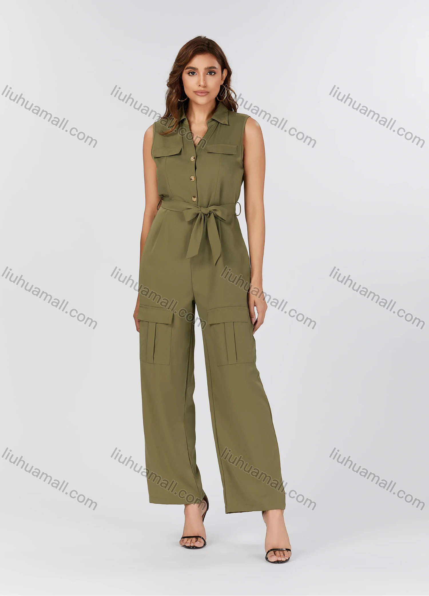 Wholesale Women's Casual Plain Turn-down Collar Flap Pockets Sleeveless Jumpsuit With Belt K1469# - Liuhuamall