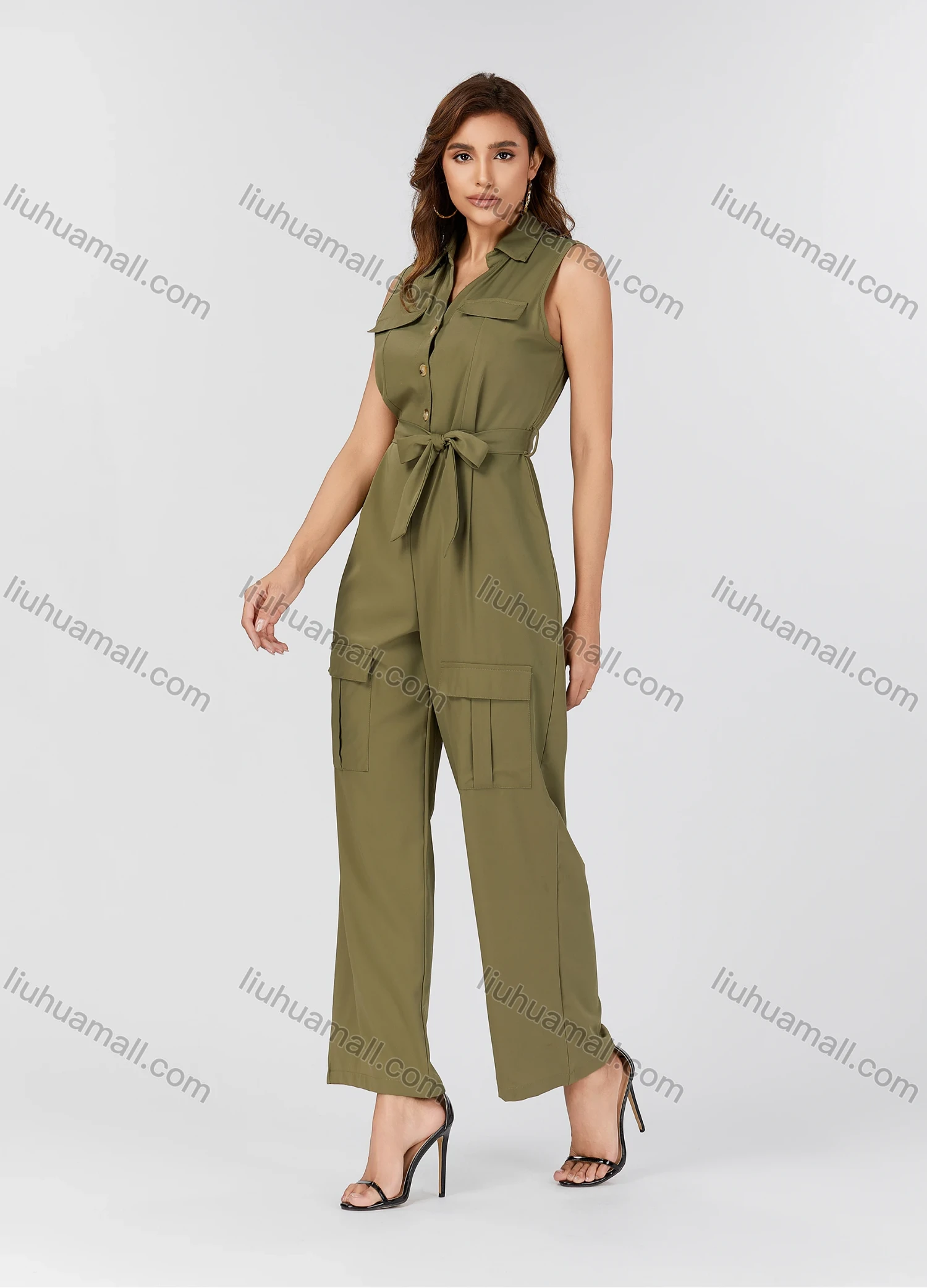 Wholesale Women's Casual Plain Turn-down Collar Flap Pockets Sleeveless Jumpsuit With Belt K1469# - Liuhuamall