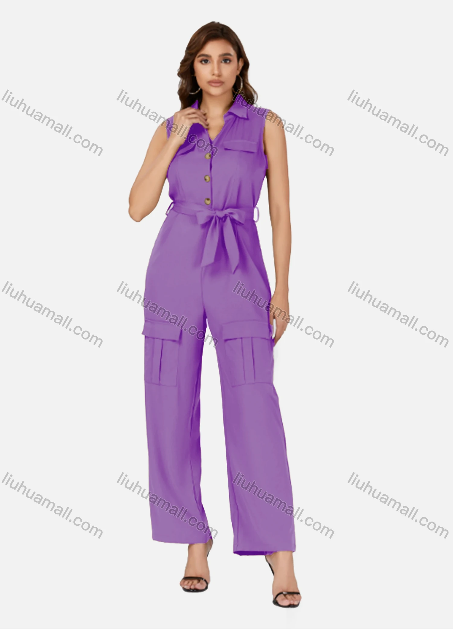 Wholesale Women's Casual Plain Turn-down Collar Flap Pockets Sleeveless Jumpsuit With Belt K1469# - Liuhuamall
