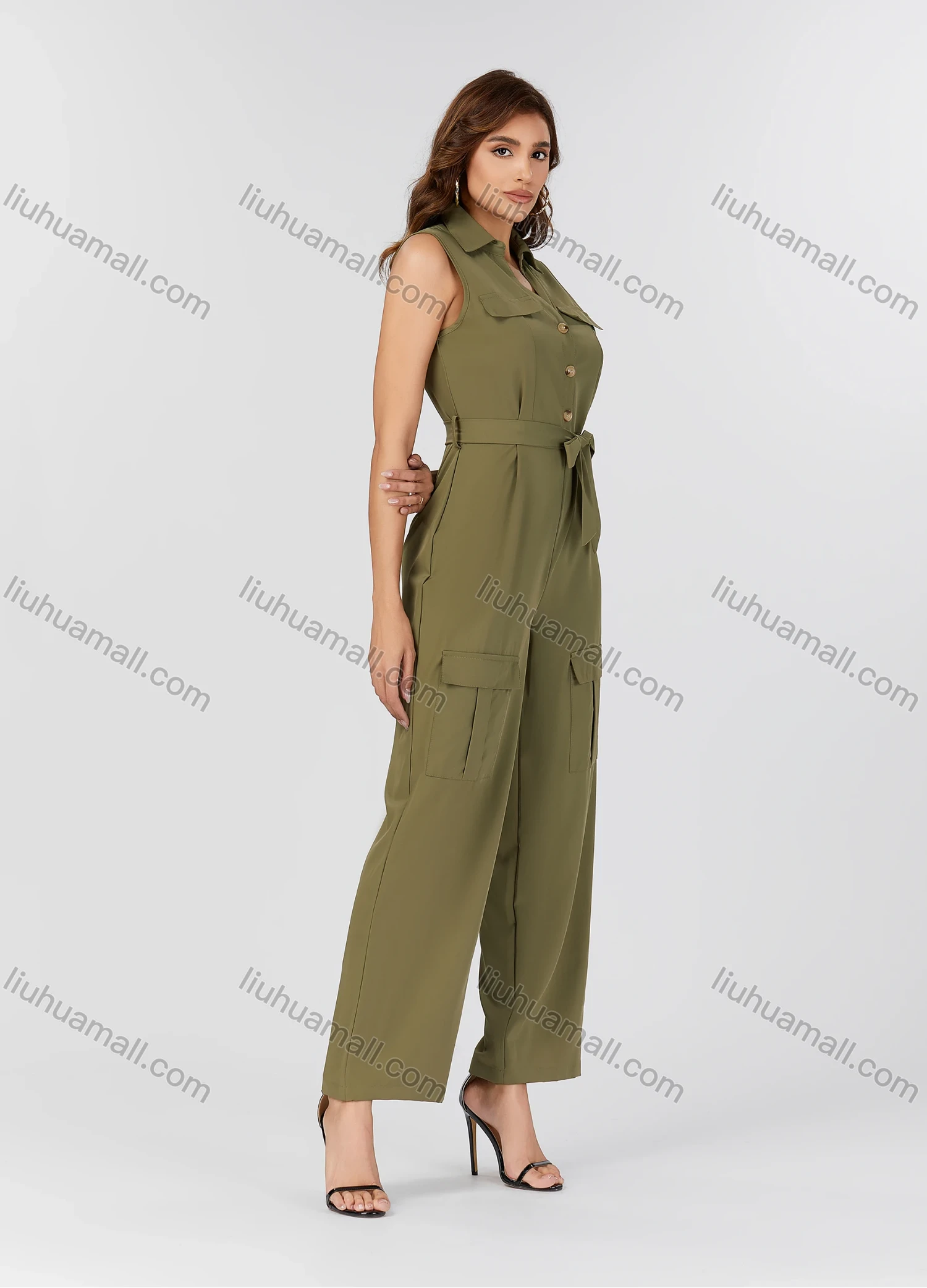 Wholesale Women's Casual Plain Turn-down Collar Flap Pockets Sleeveless Jumpsuit With Belt K1469# - Liuhuamall