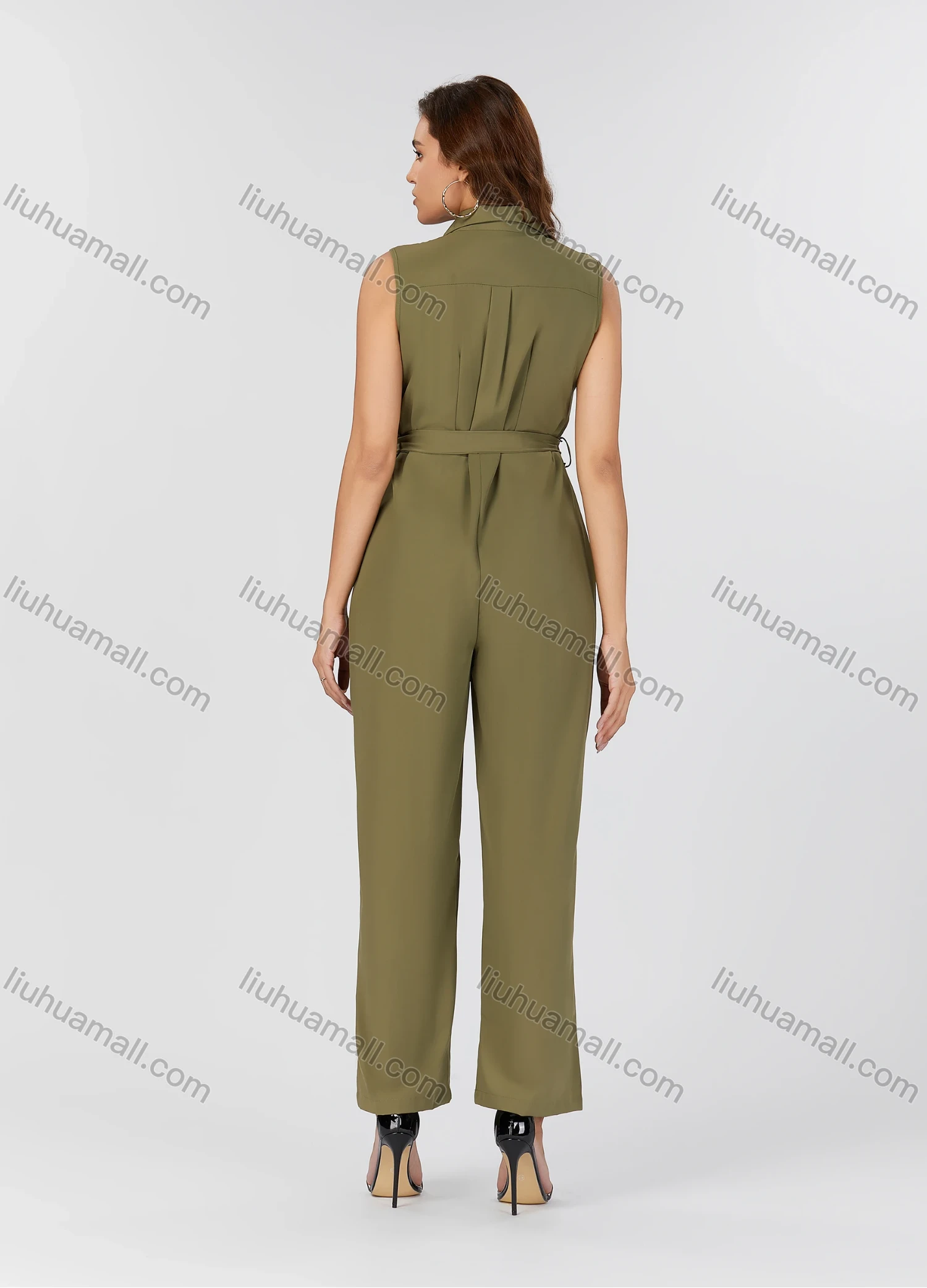 Wholesale Women's Casual Plain Turn-down Collar Flap Pockets Sleeveless Jumpsuit With Belt K1469# - Liuhuamall