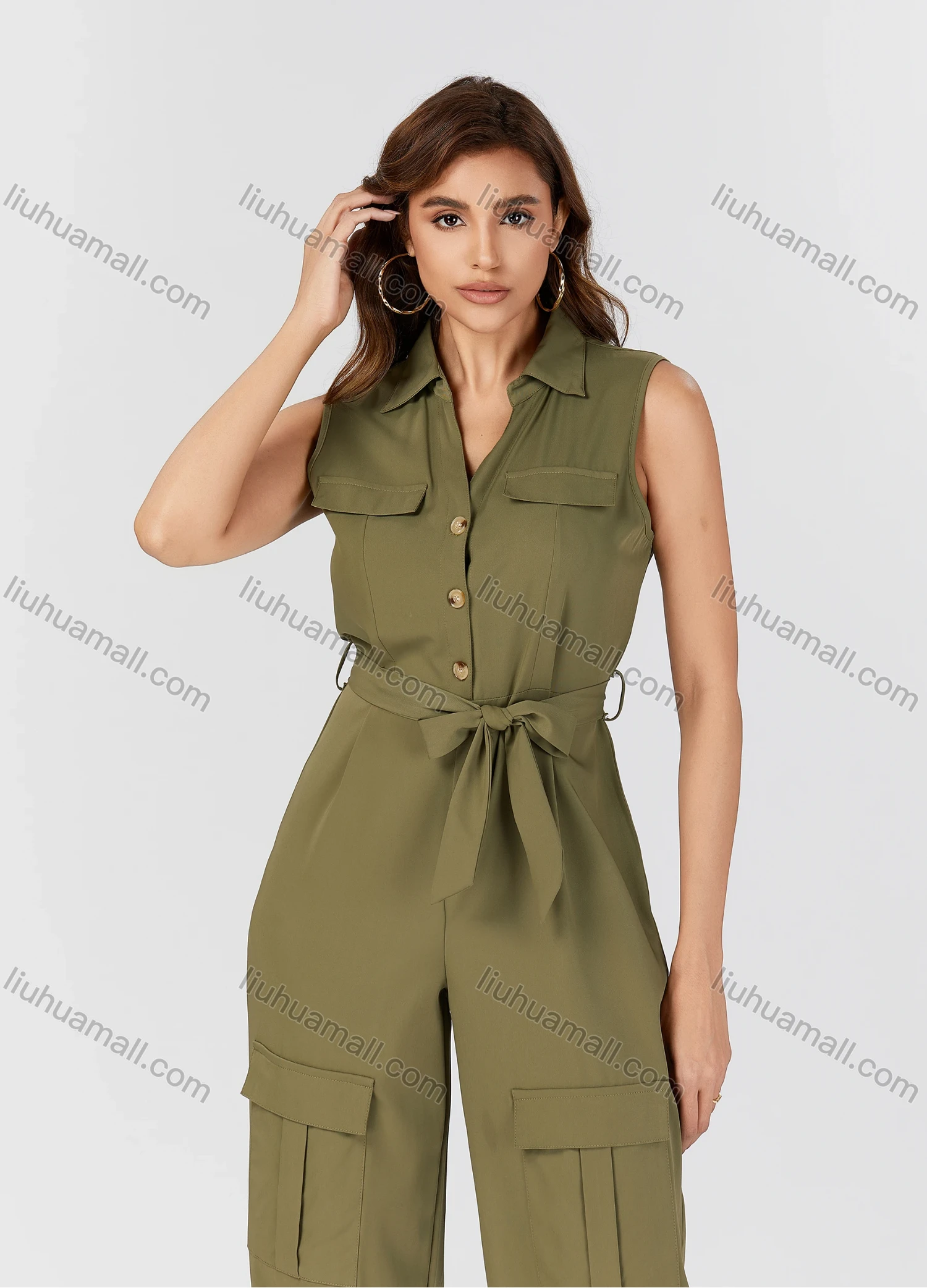 Wholesale Women's Casual Plain Turn-down Collar Flap Pockets Sleeveless Jumpsuit With Belt K1469# - Liuhuamall