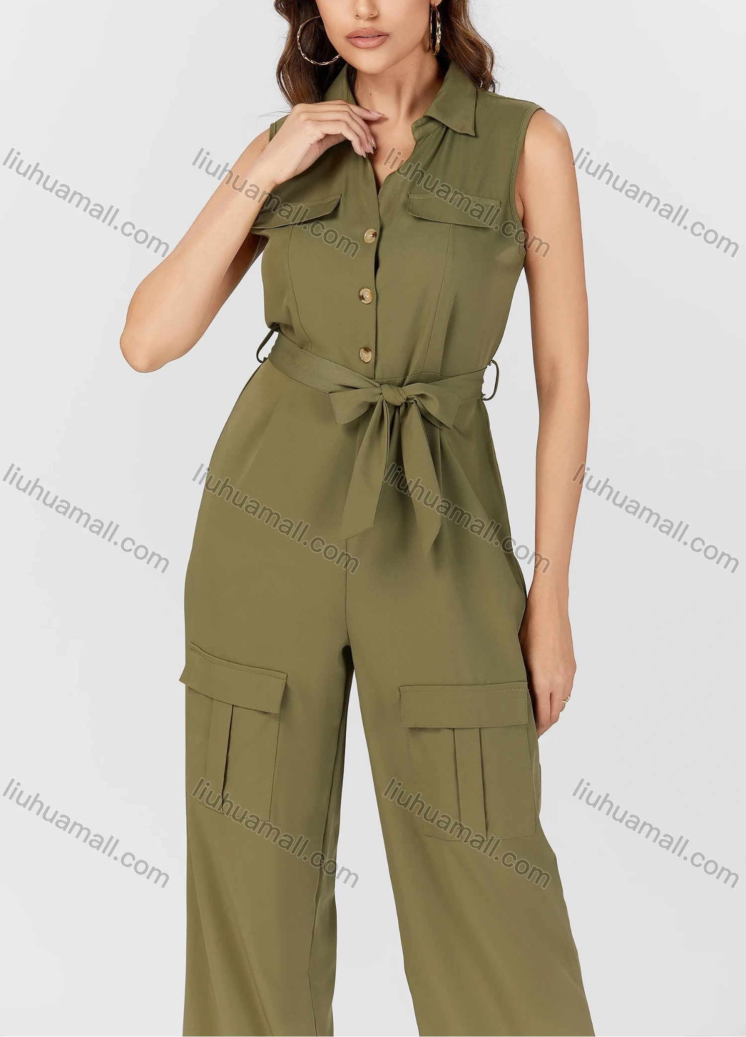 Wholesale Women's Casual Plain Turn-down Collar Flap Pockets Sleeveless Jumpsuit With Belt K1469# - Liuhuamall