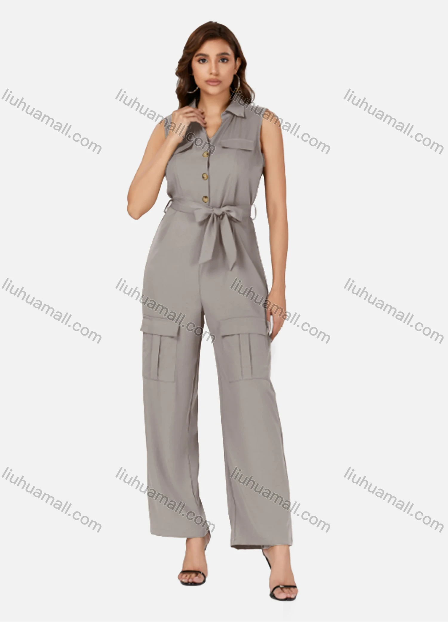 Wholesale Women's Casual Plain Turn-down Collar Flap Pockets Sleeveless Jumpsuit With Belt K1469# - Liuhuamall