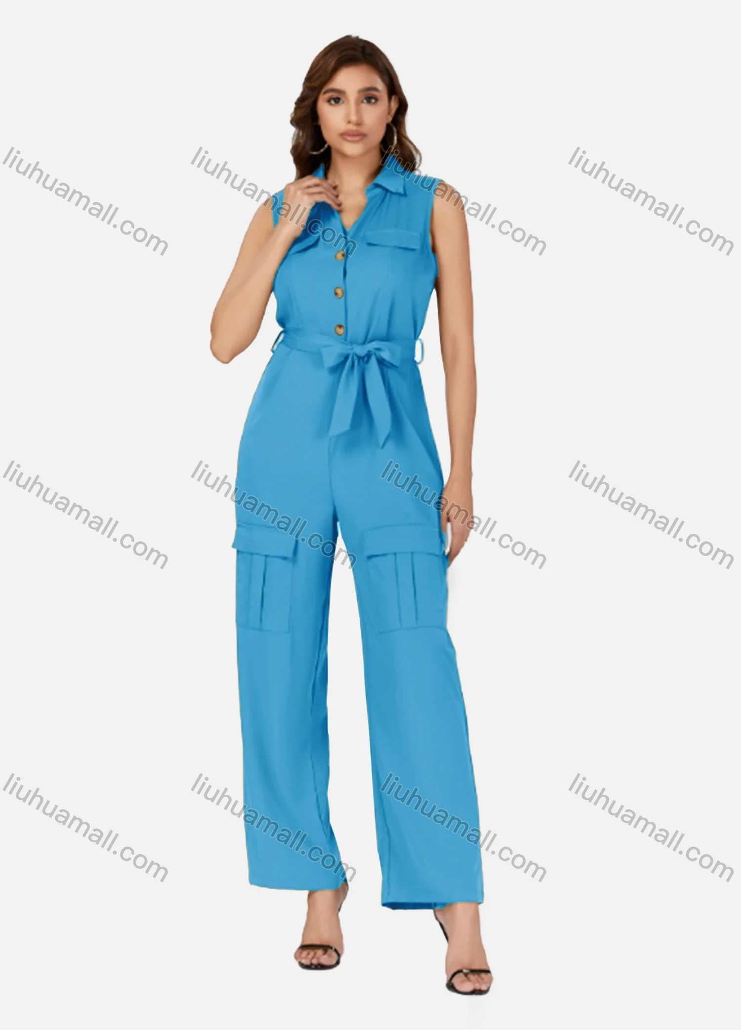 Wholesale Women's Casual Plain Turn-down Collar Flap Pockets Sleeveless Jumpsuit With Belt K1469# - Liuhuamall