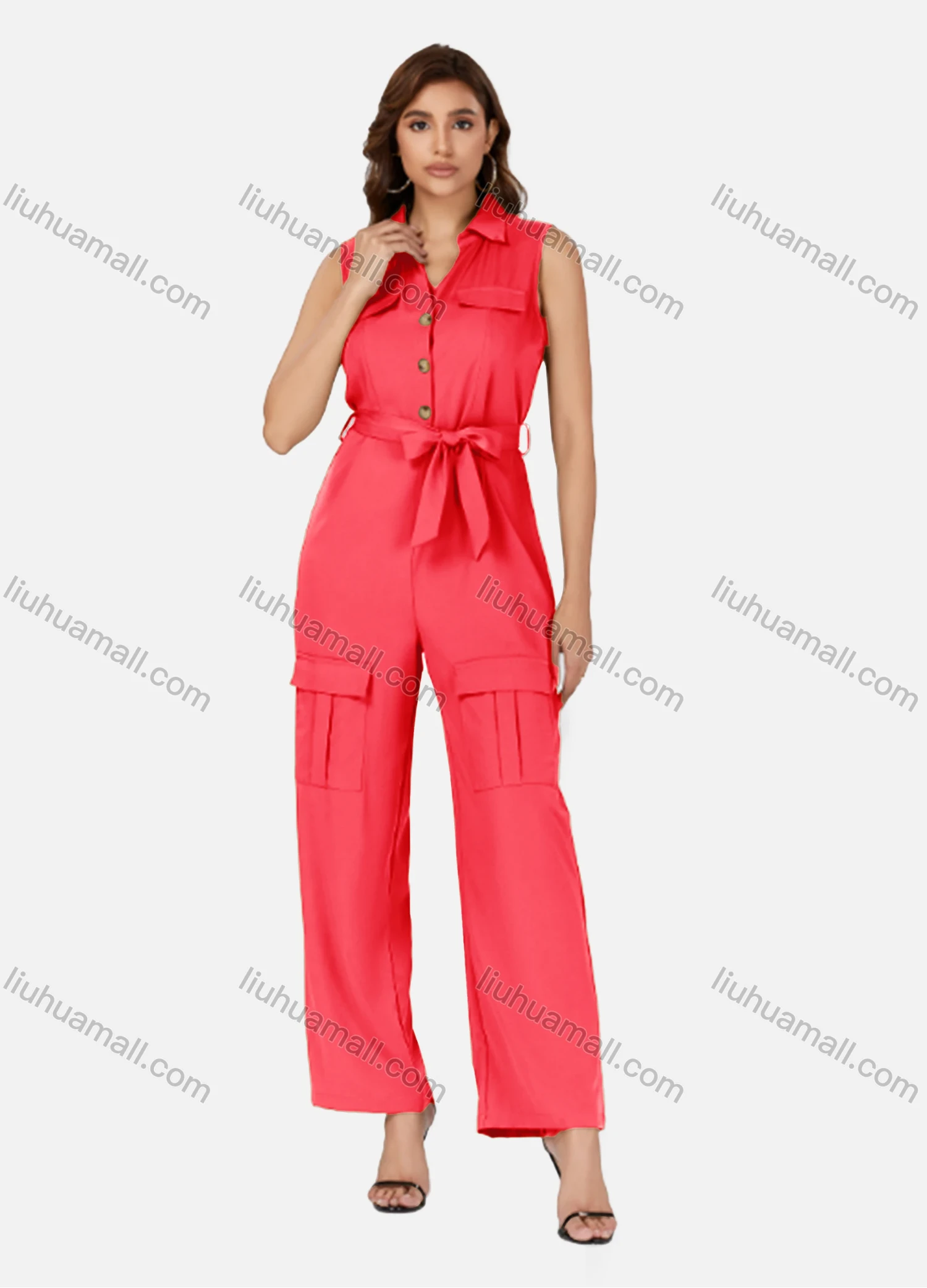 Wholesale Women's Casual Plain Turn-down Collar Flap Pockets Sleeveless Jumpsuit With Belt K1469# - Liuhuamall