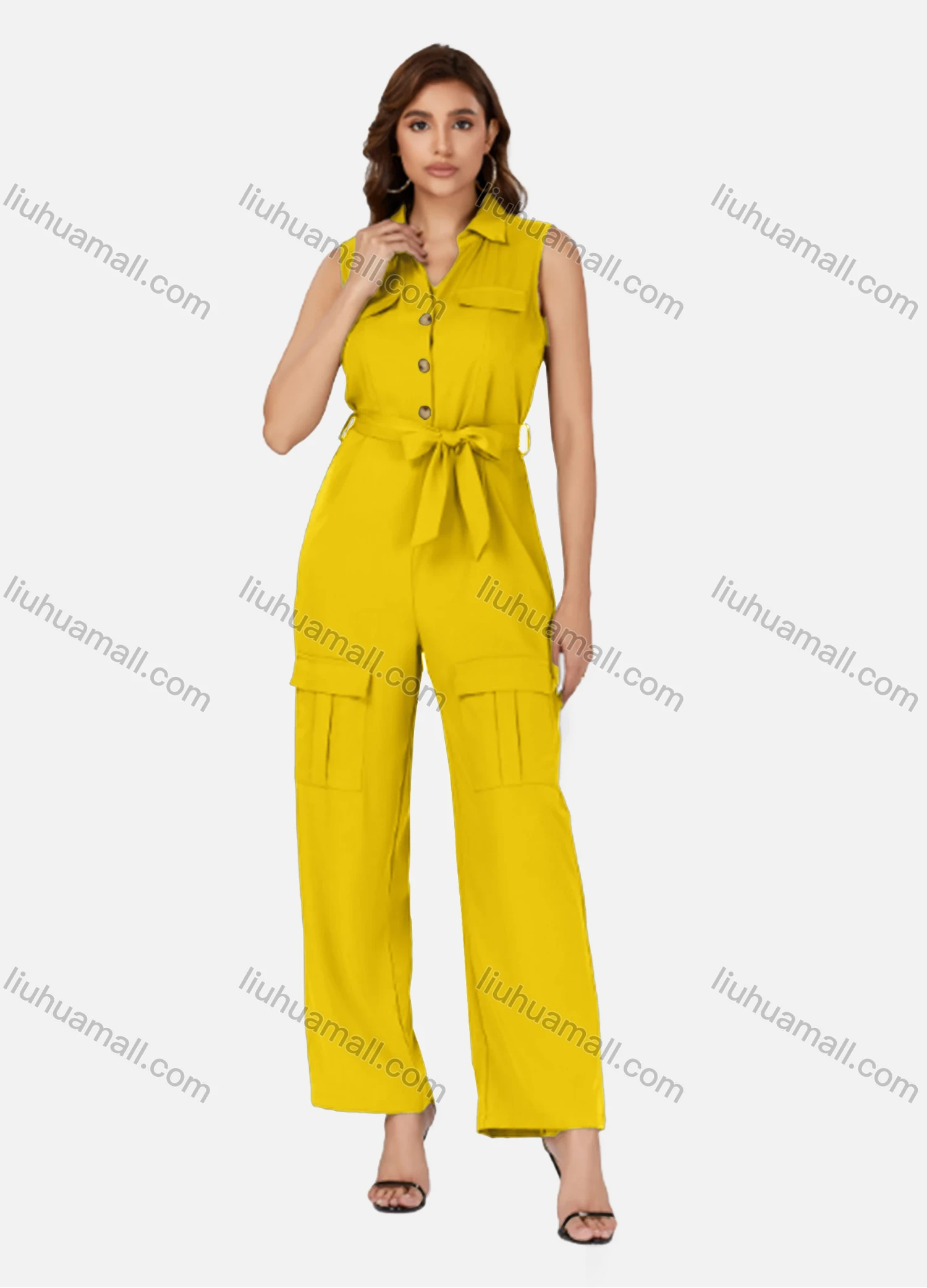 Wholesale Women's Casual Plain Turn-down Collar Flap Pockets Sleeveless Jumpsuit With Belt K1469# - Liuhuamall