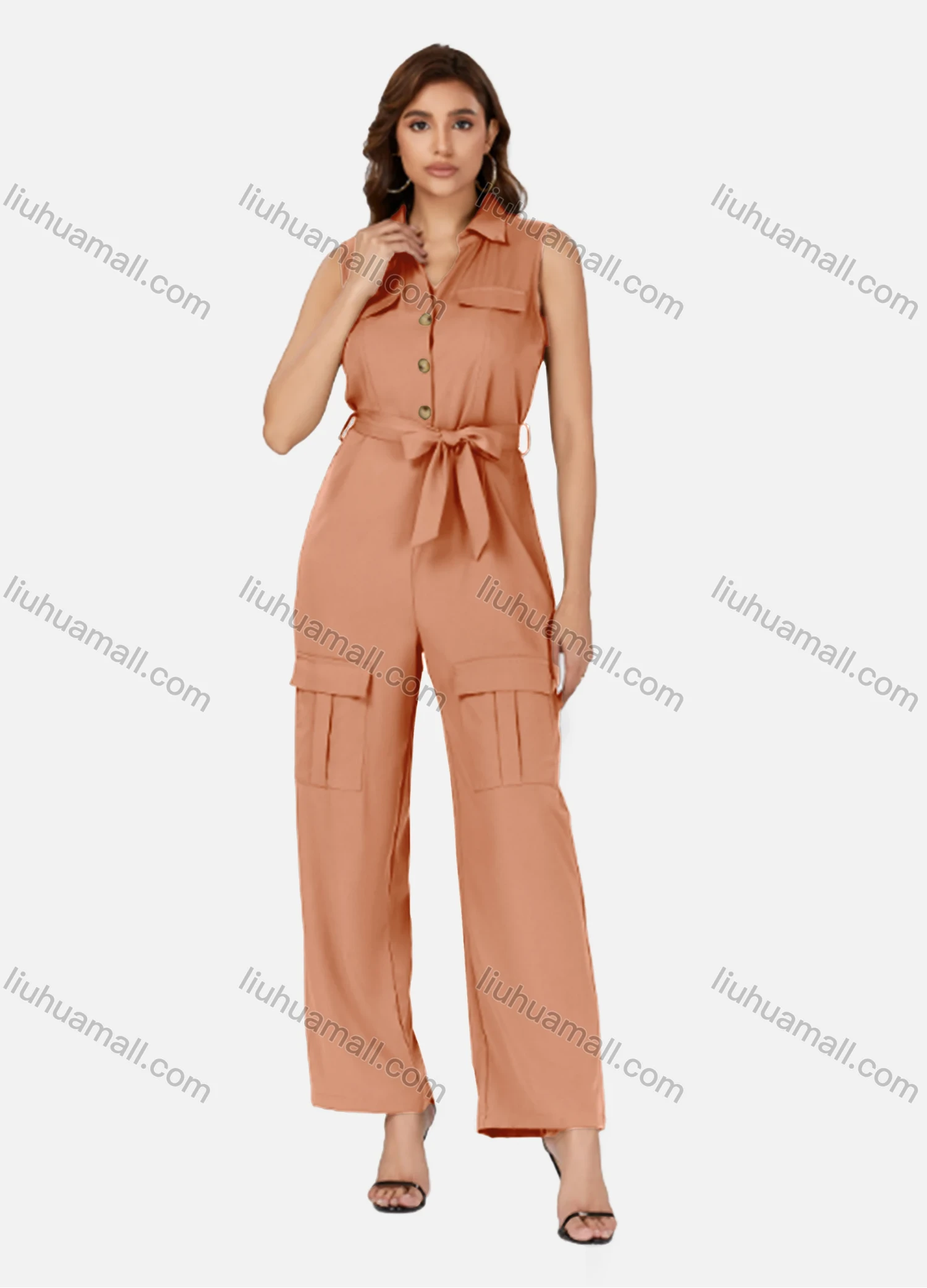 Wholesale Women's Casual Plain Turn-down Collar Flap Pockets Sleeveless Jumpsuit With Belt K1469# - Liuhuamall