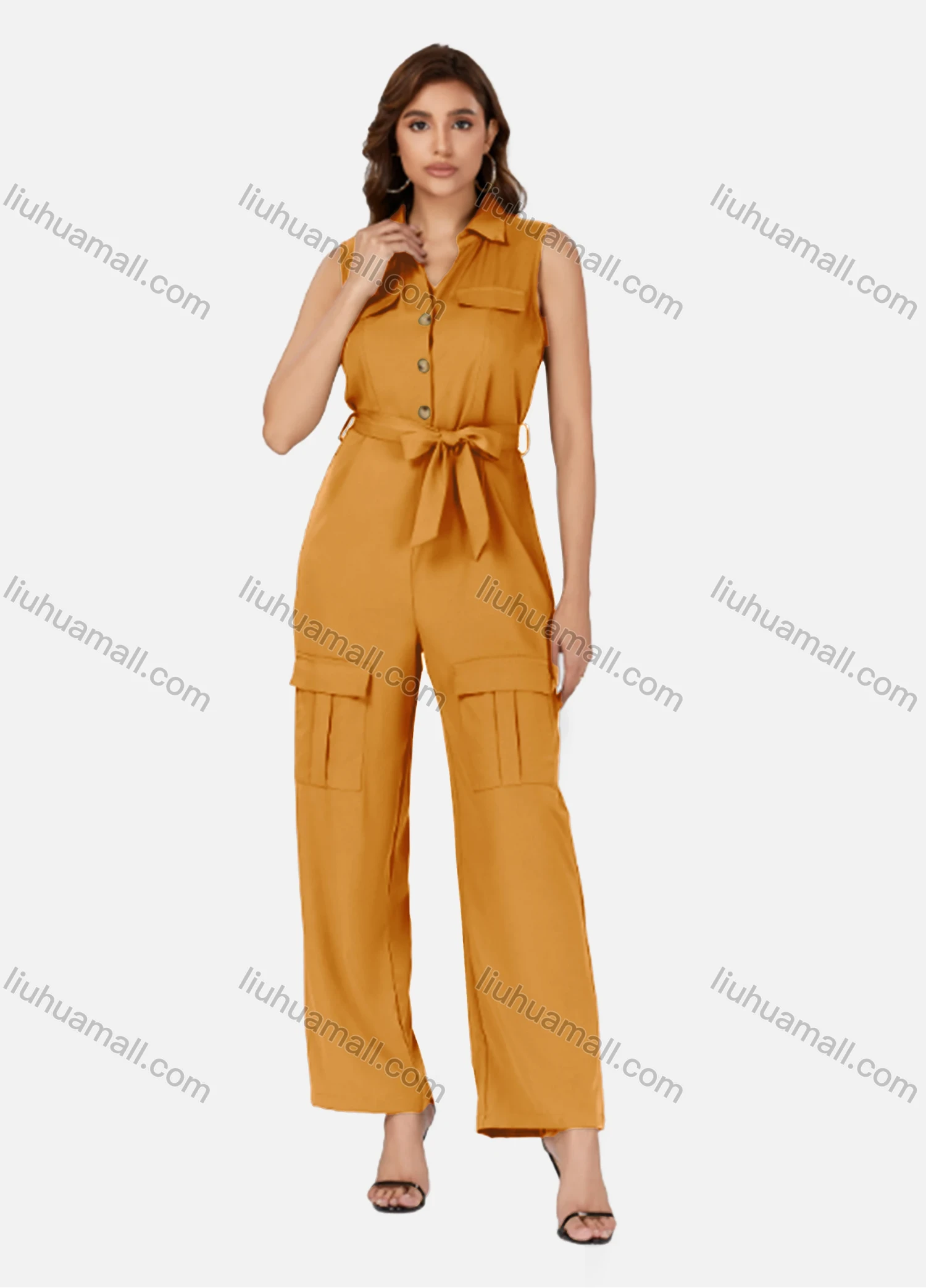 Wholesale Women's Casual Plain Turn-down Collar Flap Pockets Sleeveless Jumpsuit With Belt K1469# - Liuhuamall