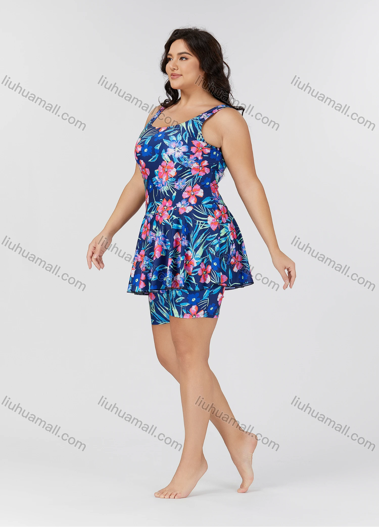 Wholesale Women's Sporty Allover Floral Print Ruffle Hem Tank Swimsuit 2 Piece Set 013# - Liuhuamall