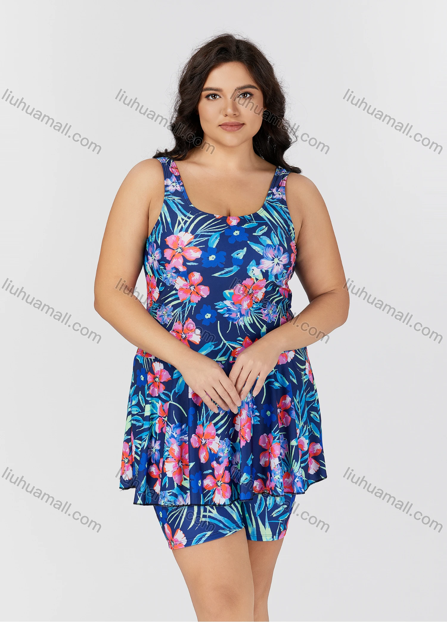 Wholesale Women's Sporty Allover Floral Print Ruffle Hem Tank Swimsuit 2 Piece Set 013# - Liuhuamall