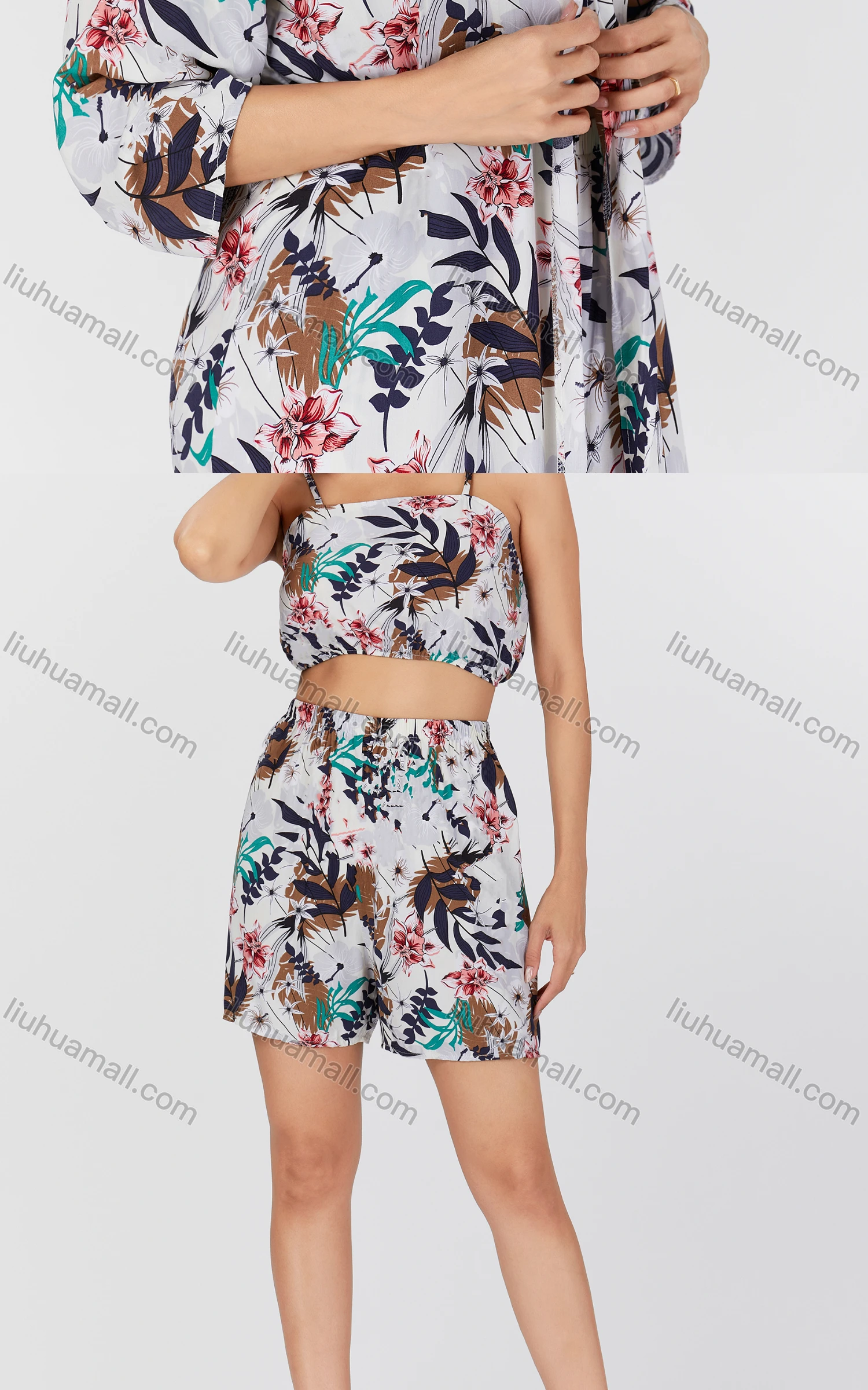 Wholesale Women's Casual Botanical Print Long Sleeve Knee Length Cardigan & Cami Top & Shorts 3 Piece Set 2301# - Liuhuamall