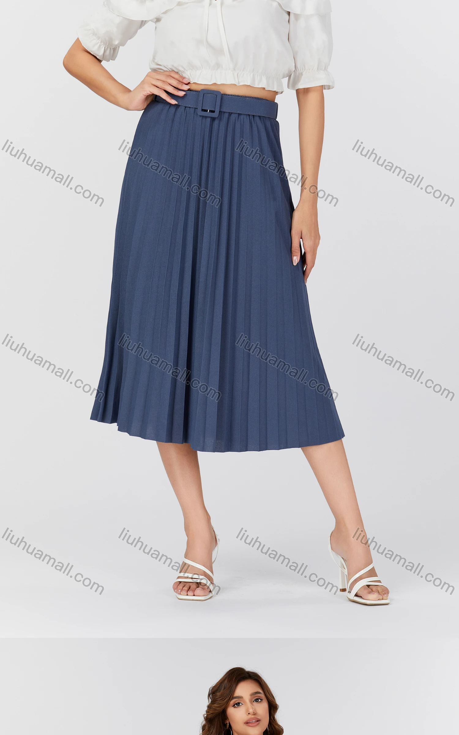 Wholesale Women's Casual Plain Pleated Midi Skirt With Belt 8017# - Liuhuamall