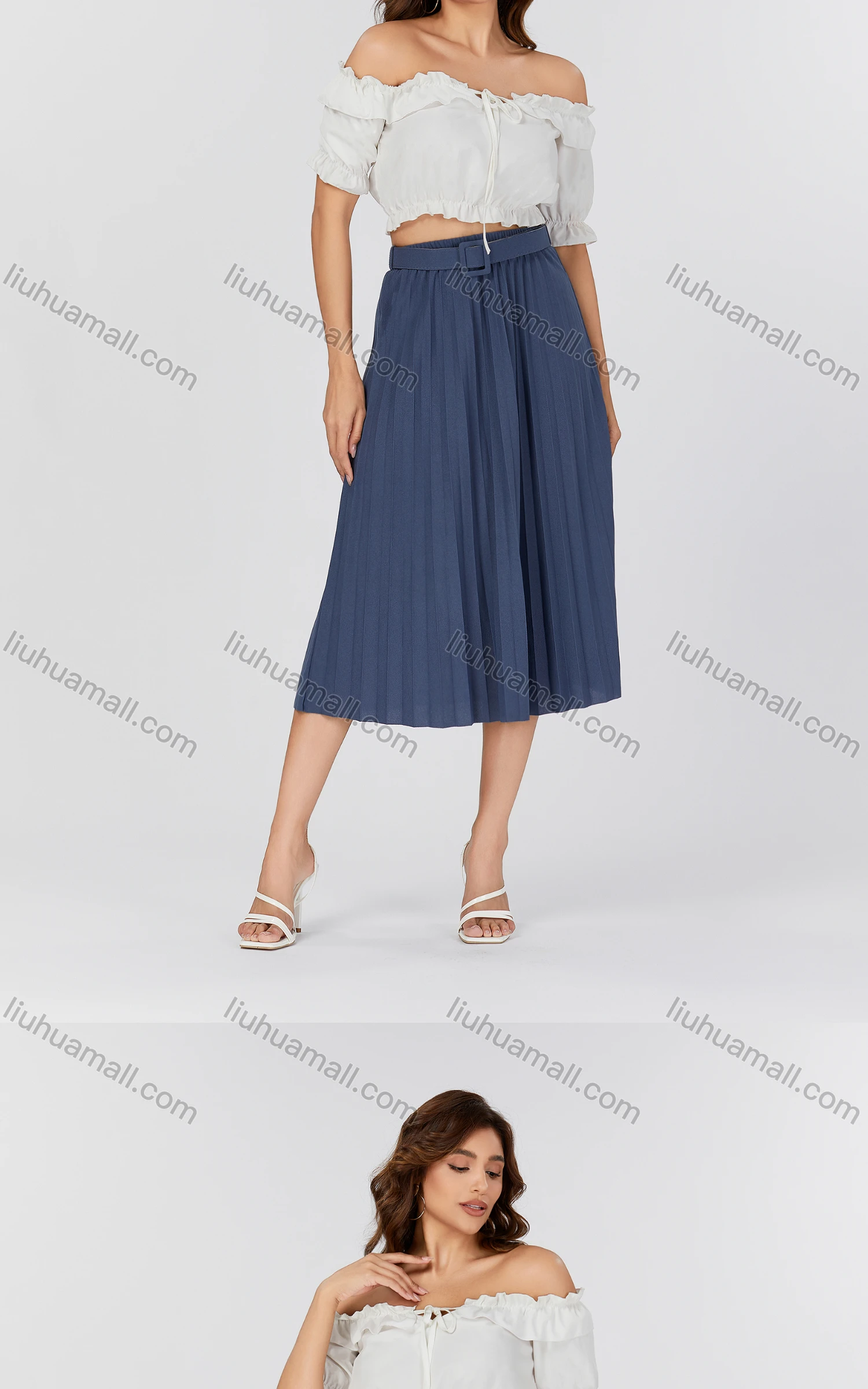 Wholesale Women's Casual Plain Pleated Midi Skirt With Belt 8017# - Liuhuamall