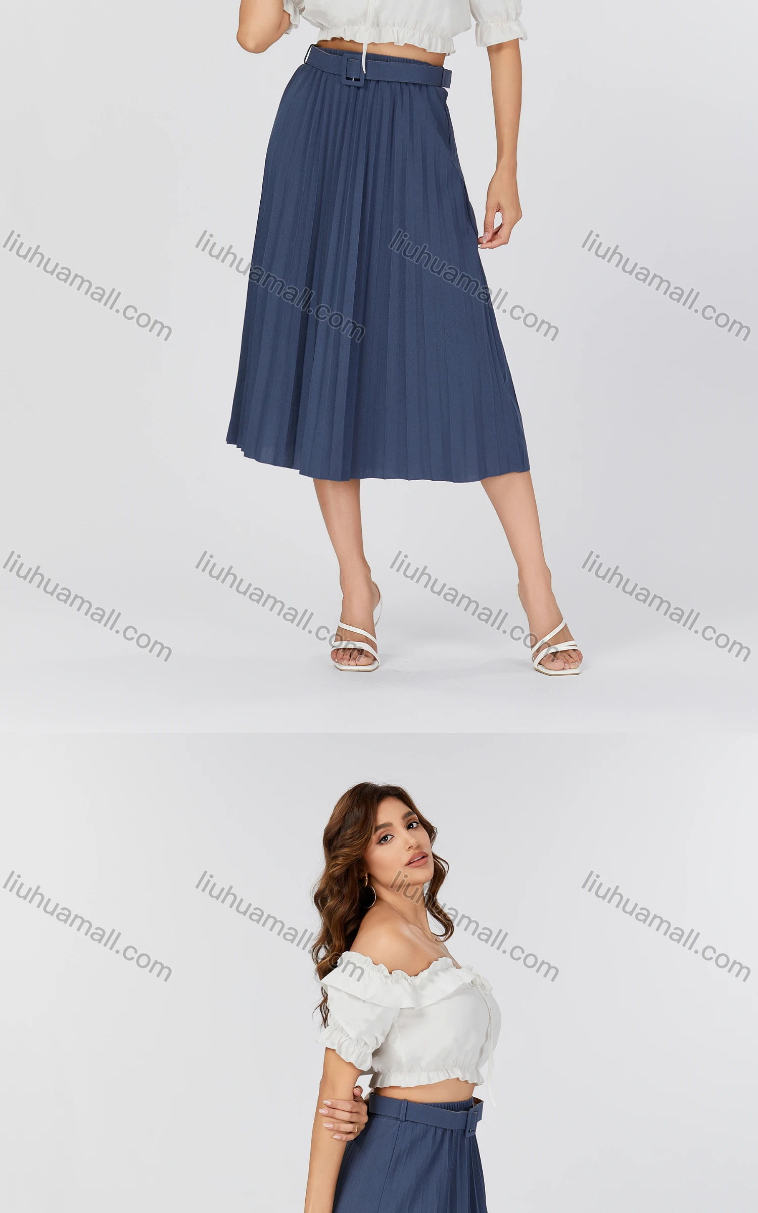 Wholesale Women's Casual Plain Pleated Midi Skirt With Belt 8017# - Liuhuamall