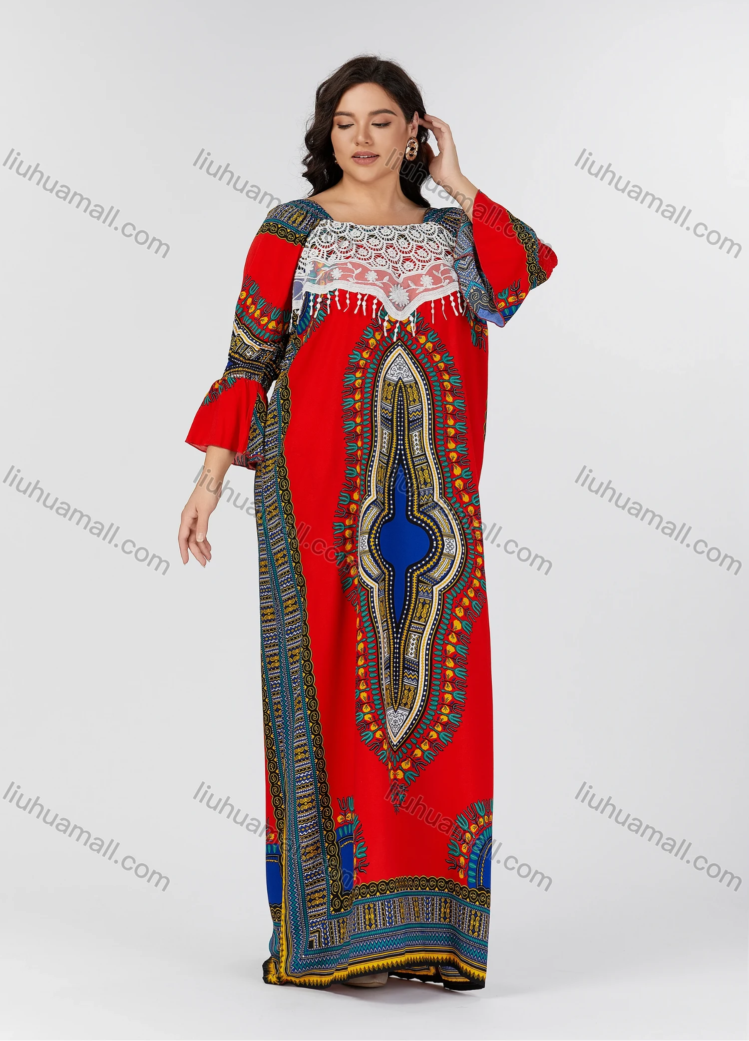 Wholesale Women's Folkloric Print Poet Sleeve Eyelet Embroidered Lace Robe Maxi African Dress - Liuhuamall