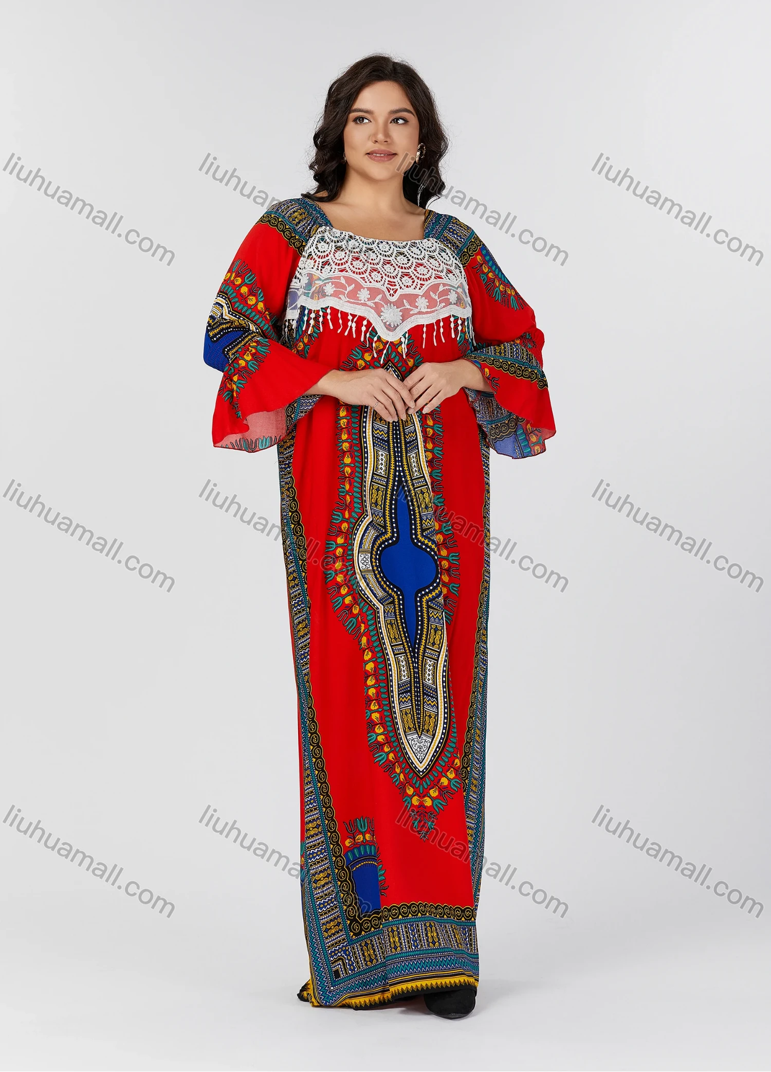 Wholesale Women's Folkloric Print Poet Sleeve Eyelet Embroidered Lace Robe Maxi African Dress - Liuhuamall