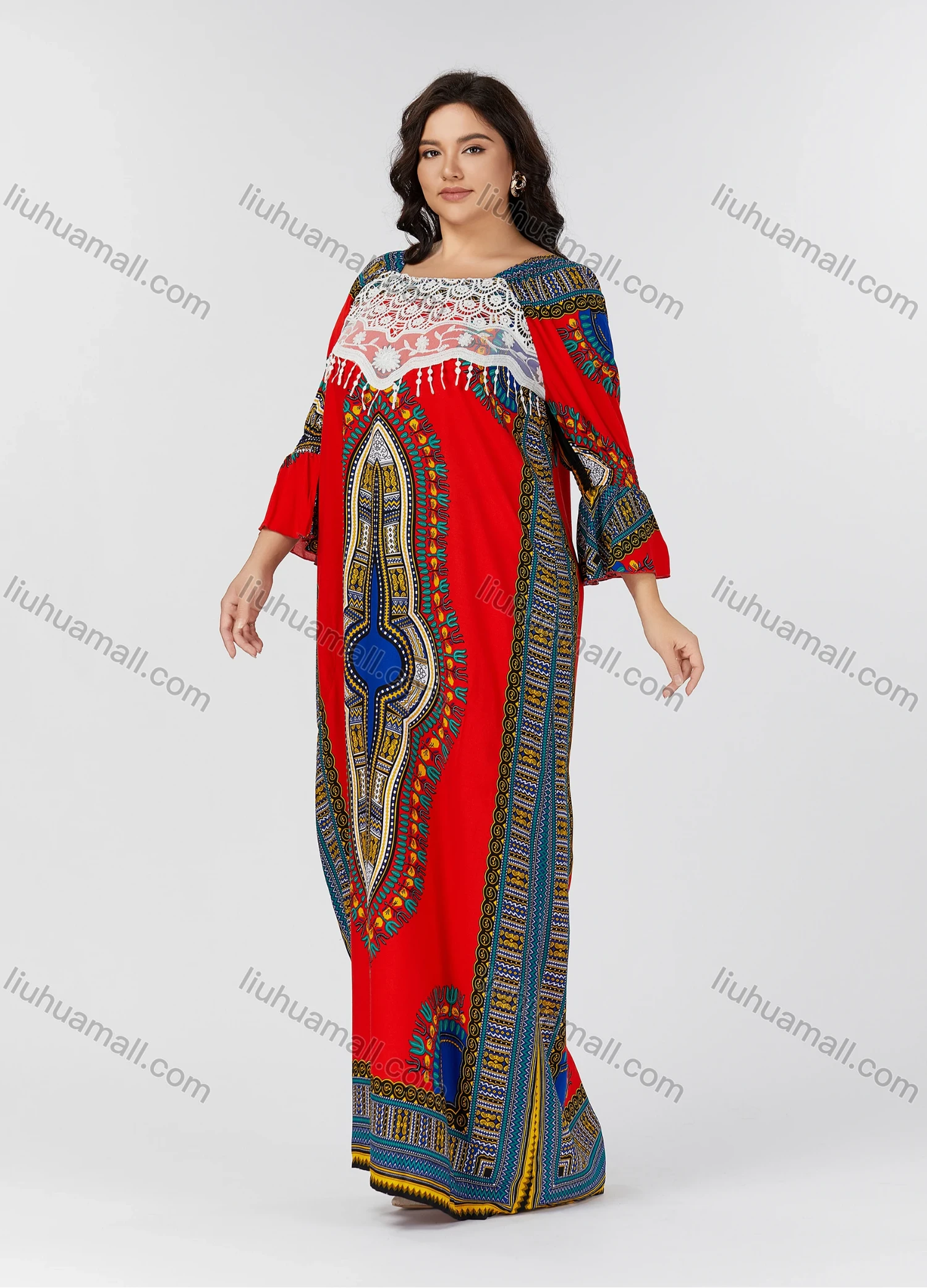Wholesale Women's Folkloric Print Poet Sleeve Eyelet Embroidered Lace Robe Maxi African Dress - Liuhuamall