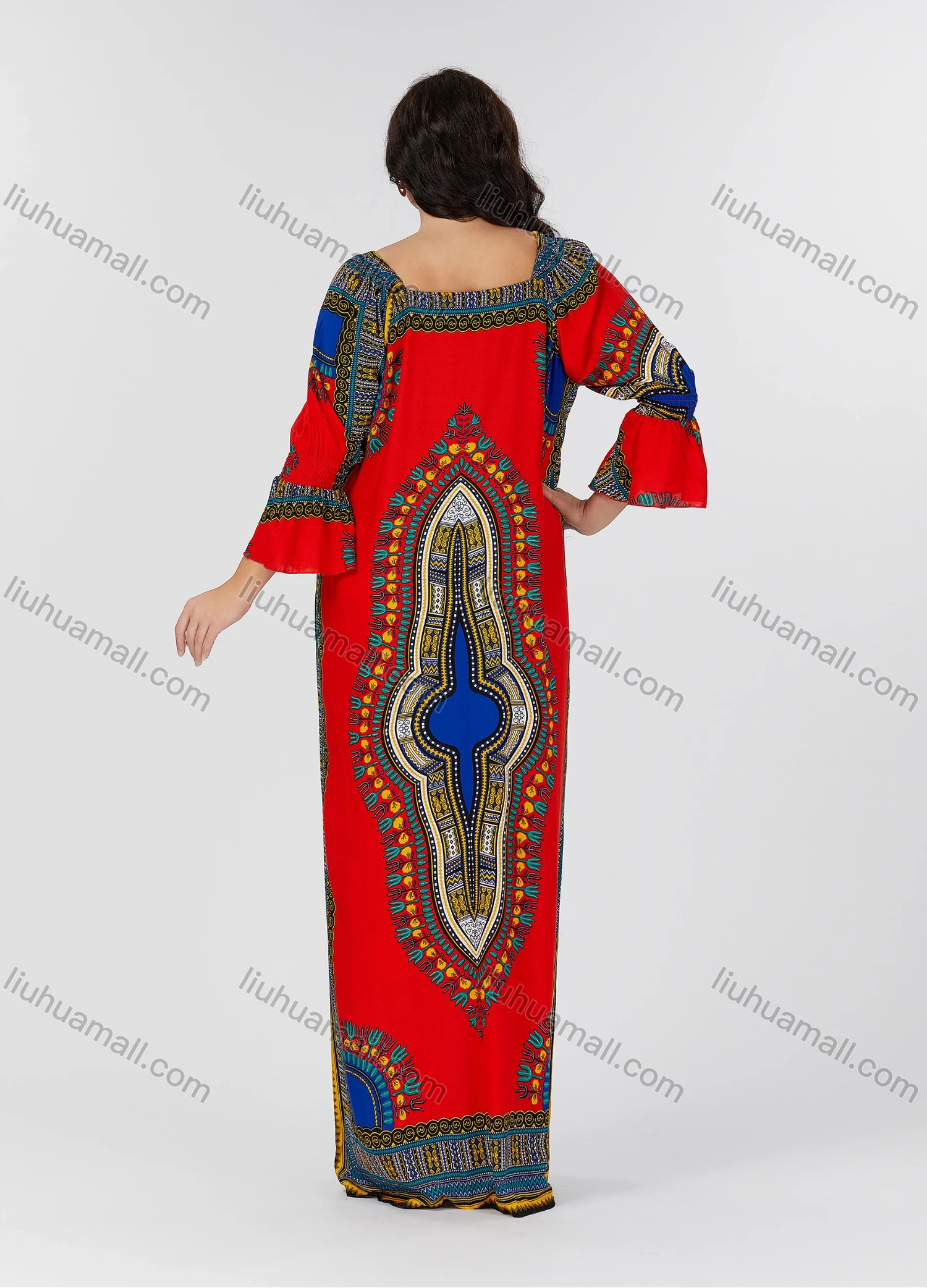 Wholesale Women's Folkloric Print Poet Sleeve Eyelet Embroidered Lace Robe Maxi African Dress - Liuhuamall