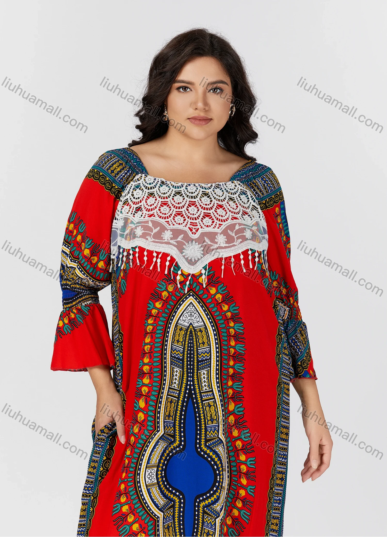 Wholesale Women's Folkloric Print Poet Sleeve Eyelet Embroidered Lace Robe Maxi African Dress - Liuhuamall