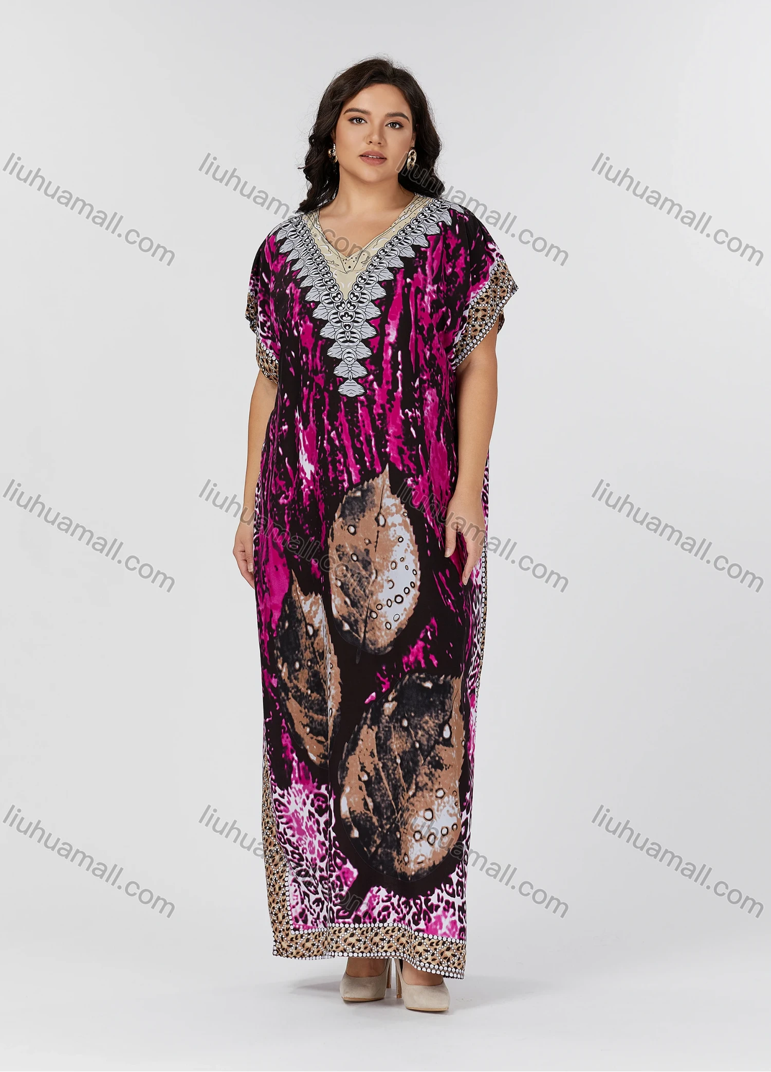 Wholesale Women's Folkloric Vintage Leaf Print Splicing V Neck Batwing Sleeve Robe Maxi African Dress 2086# - Liuhuamall