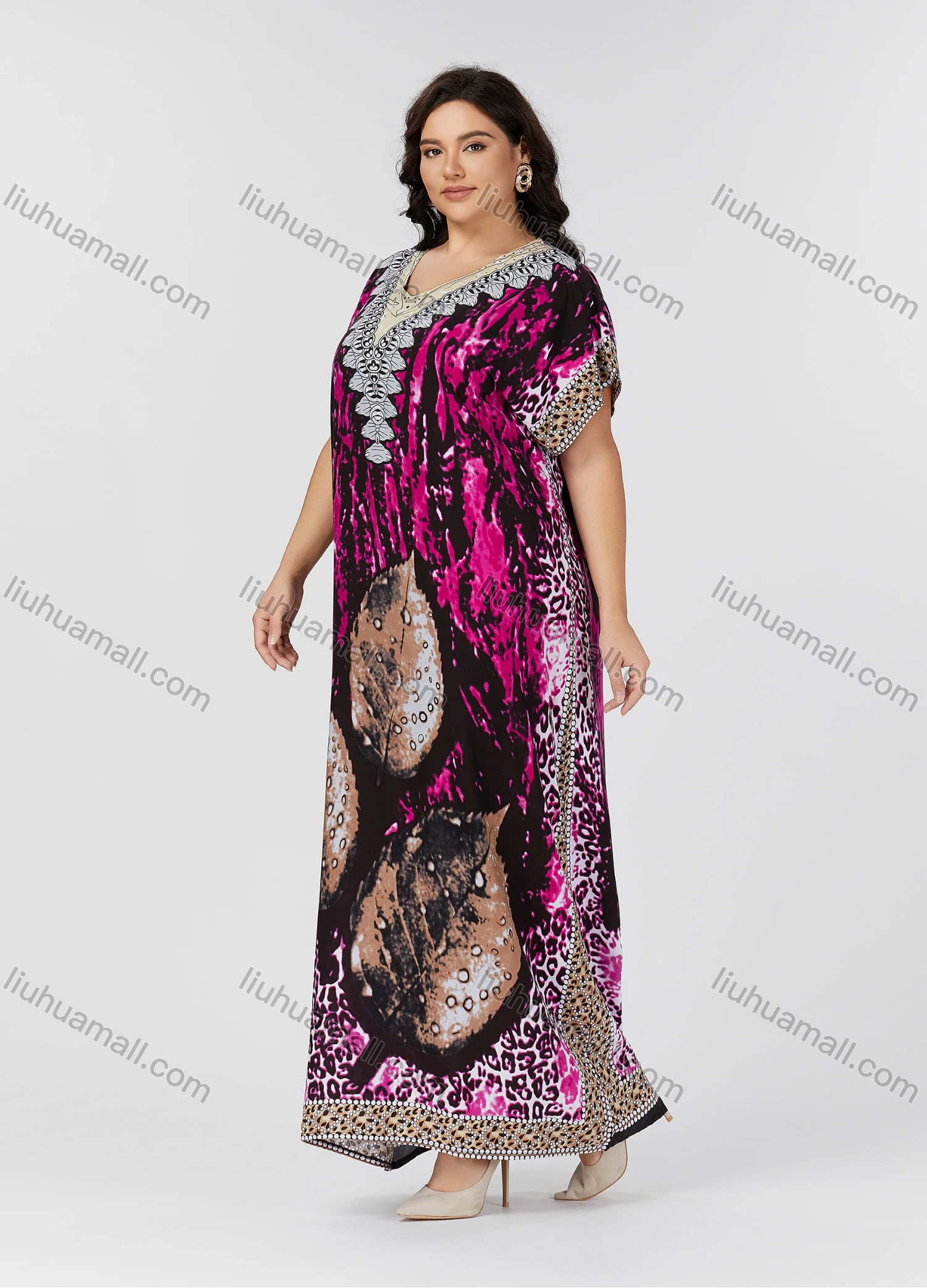 Wholesale Women's Folkloric Vintage Leaf Print Splicing V Neck Batwing Sleeve Robe Maxi African Dress 2086# - Liuhuamall