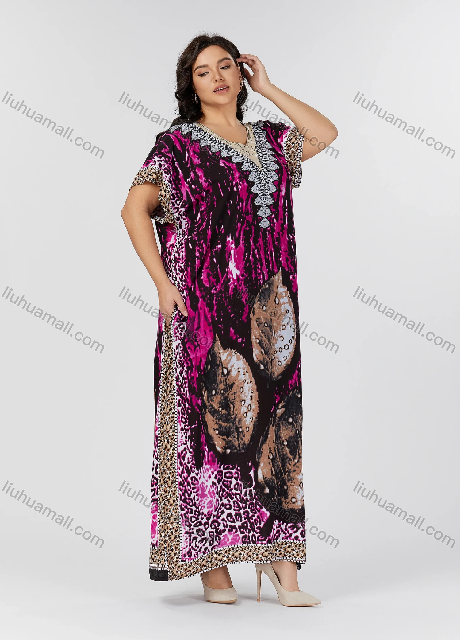 Wholesale Women's Folkloric Vintage Leaf Print Splicing V Neck Batwing Sleeve Robe Maxi African Dress 2086# - Liuhuamall