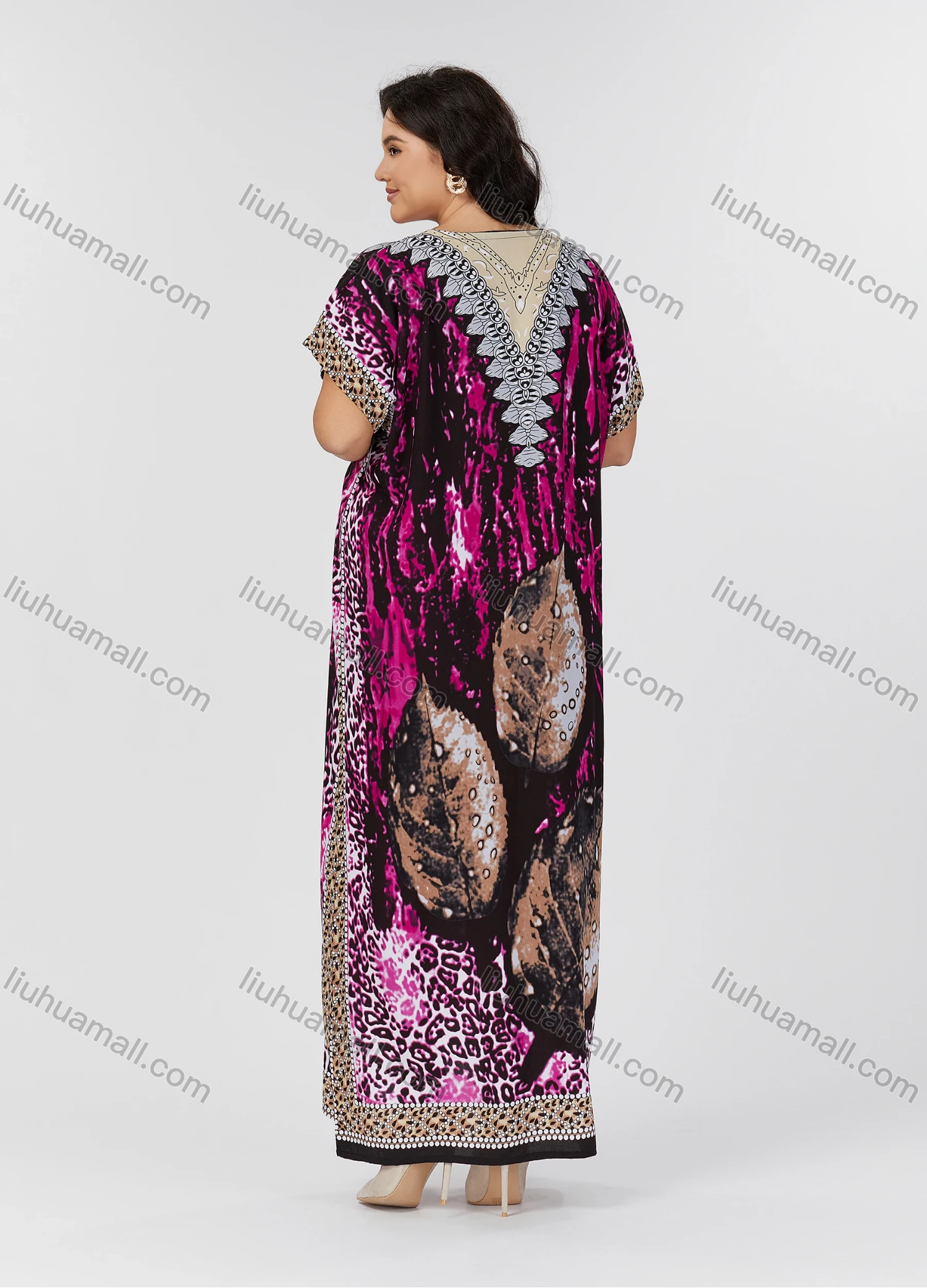 Wholesale Women's Folkloric Vintage Leaf Print Splicing V Neck Batwing Sleeve Robe Maxi African Dress 2086# - Liuhuamall