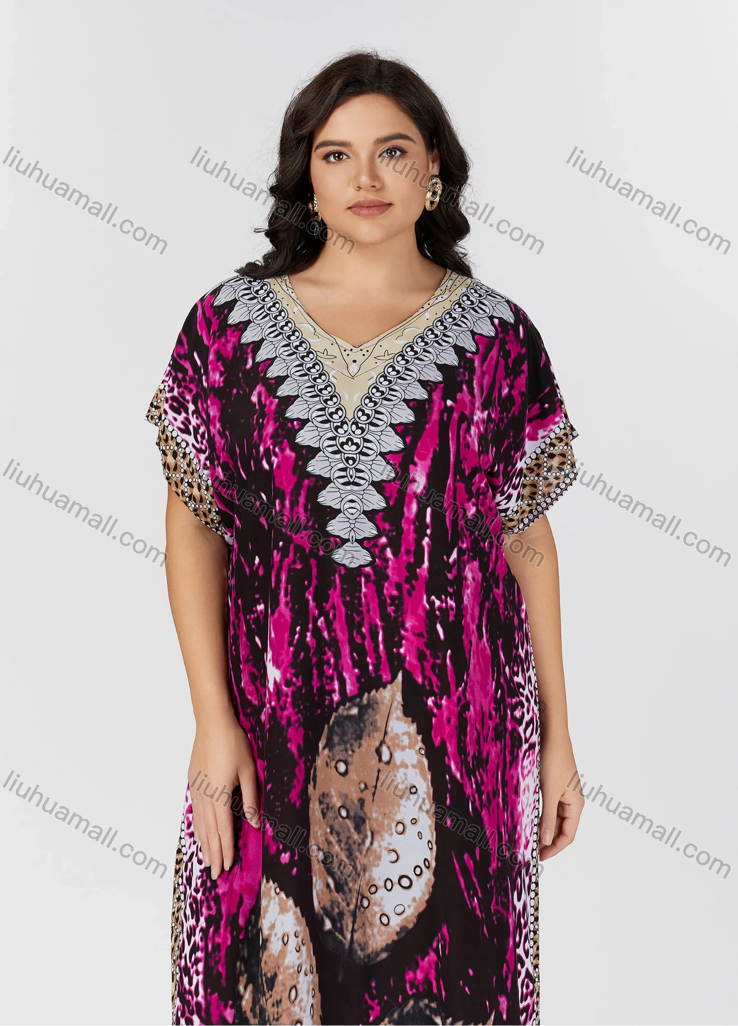Wholesale Women's Folkloric Vintage Leaf Print Splicing V Neck Batwing Sleeve Robe Maxi African Dress 2086# - Liuhuamall