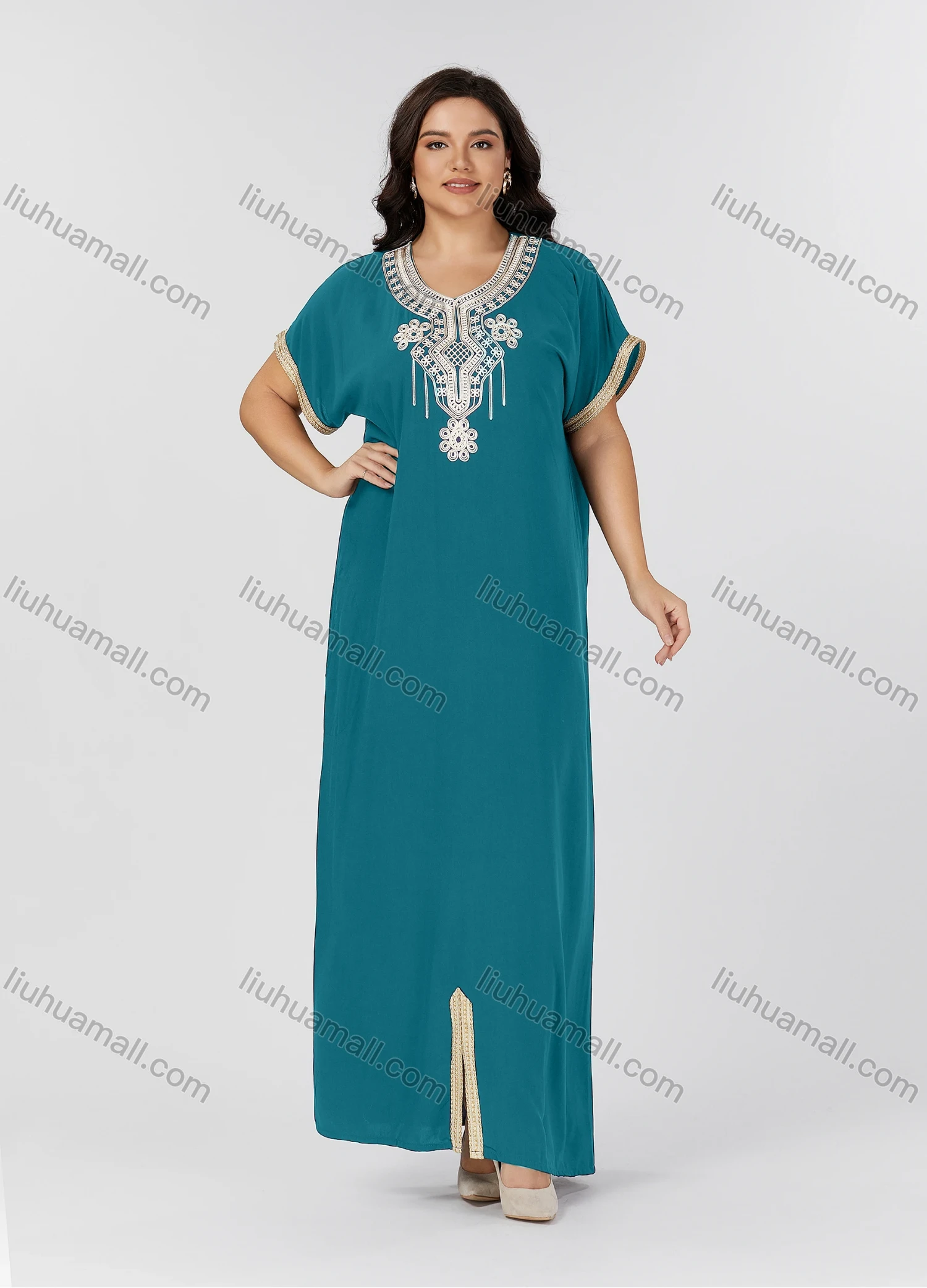 Wholesale Women's Folkloric Vintage Floral Embroidered Trim Short Sleeve Split Front Robe Maxi African Dress - Liuhuamall