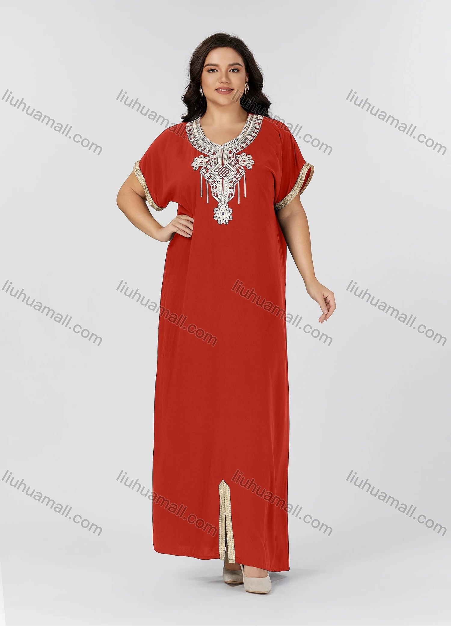 Wholesale Women's Folkloric Vintage Floral Embroidered Trim Short Sleeve Split Front Robe Maxi African Dress - Liuhuamall