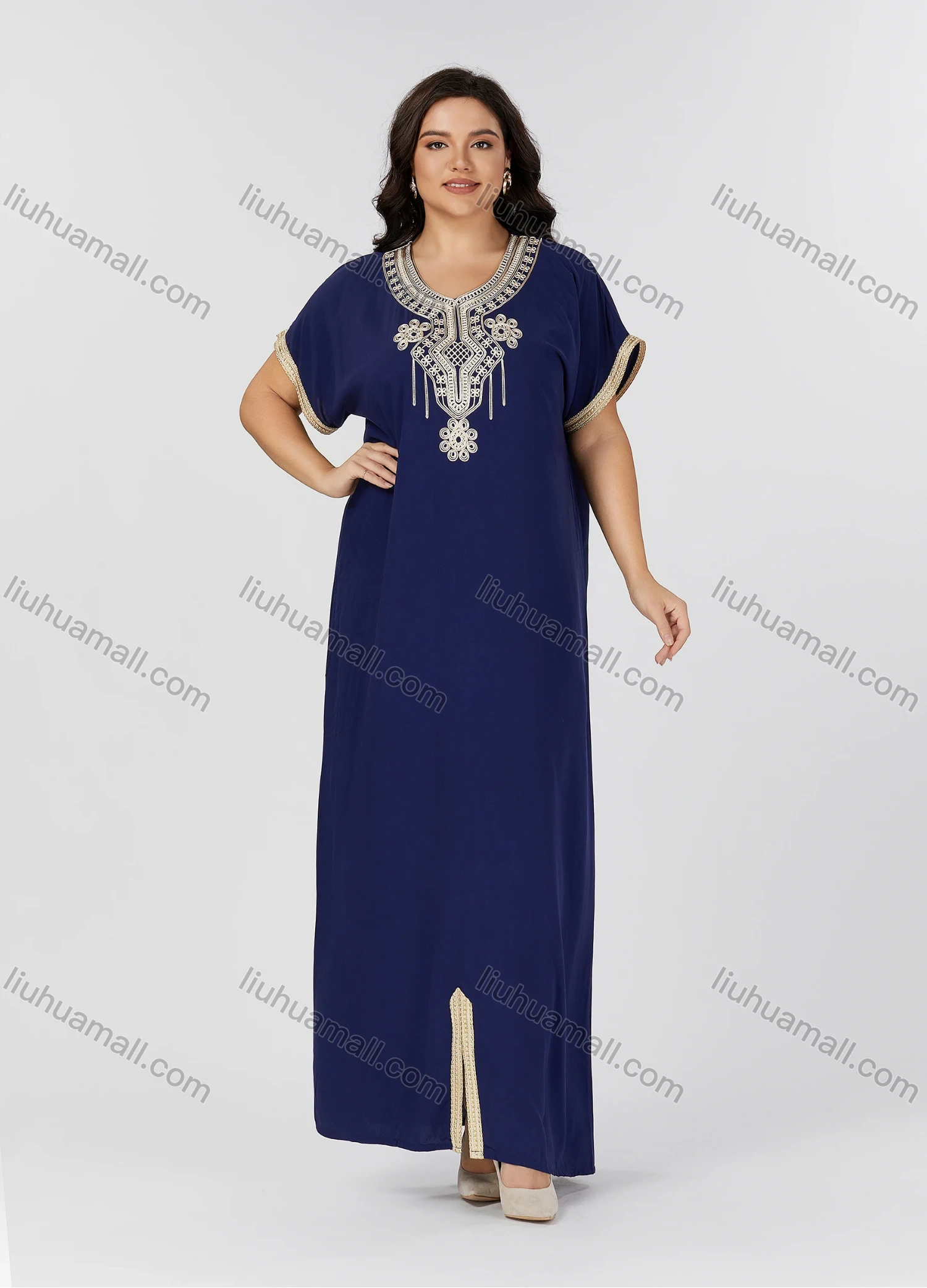 Wholesale Women's Folkloric Vintage Floral Embroidered Trim Short Sleeve Split Front Robe Maxi African Dress - Liuhuamall