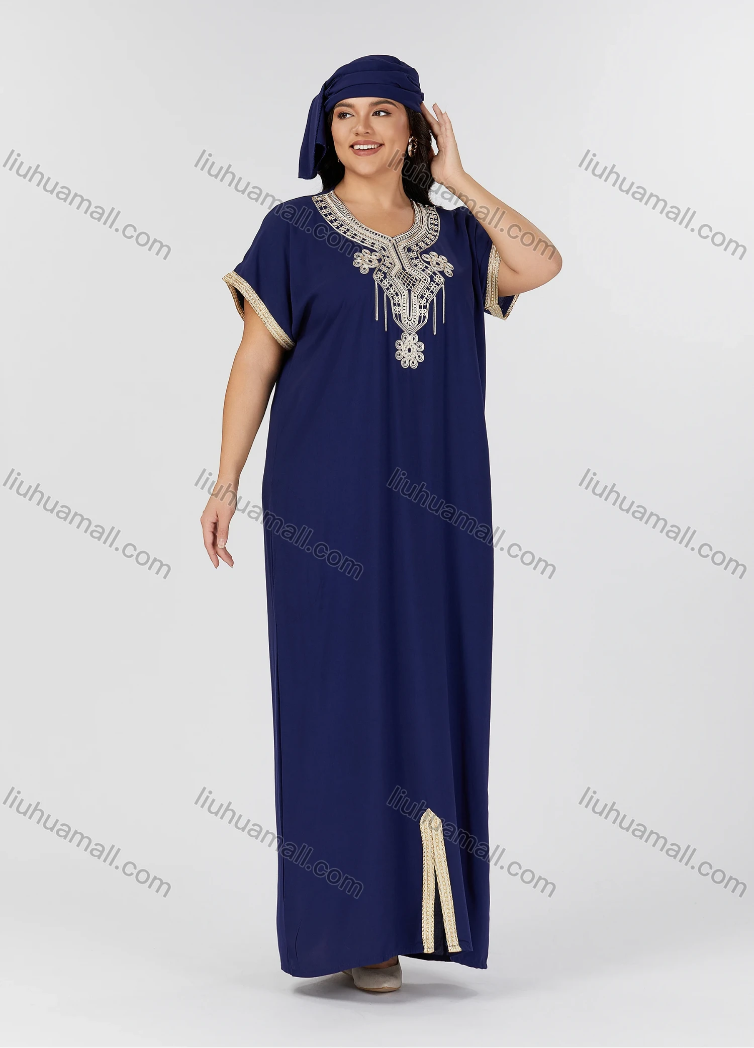 Wholesale Women's Folkloric Vintage Floral Embroidered Trim Short Sleeve Split Front Robe Maxi African Dress - Liuhuamall