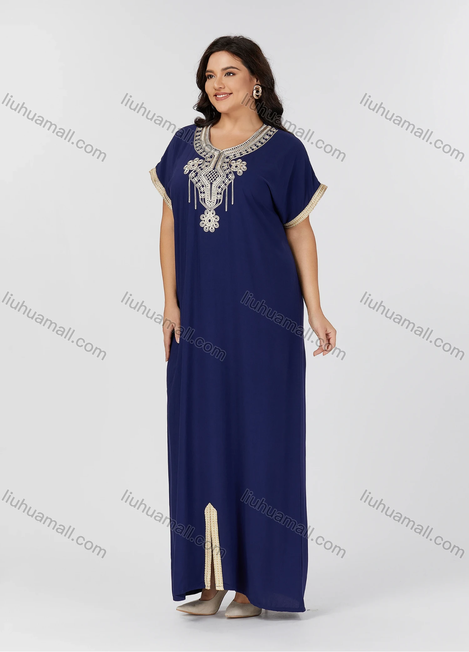 Wholesale Women's Folkloric Vintage Floral Embroidered Trim Short Sleeve Split Front Robe Maxi African Dress - Liuhuamall