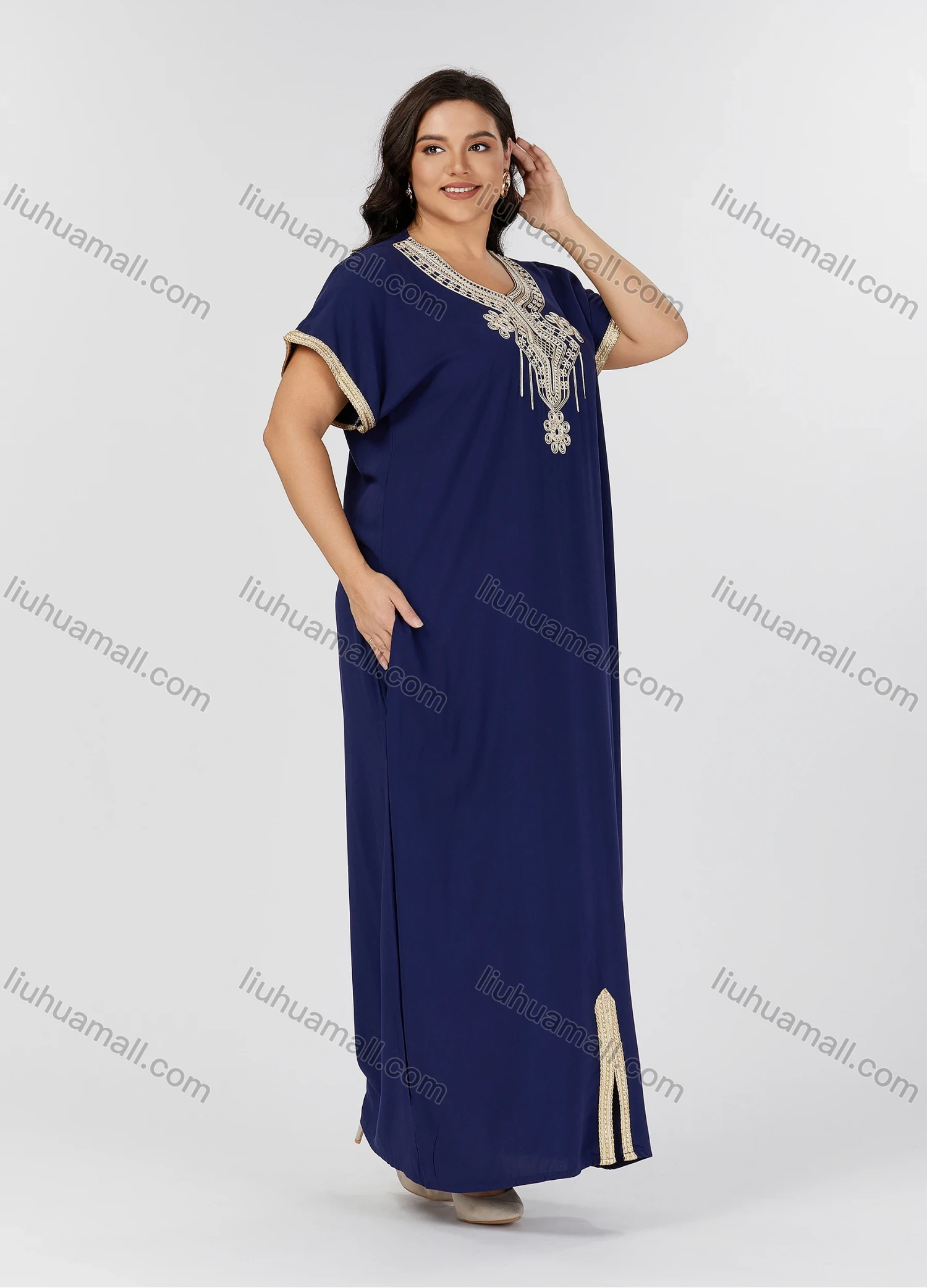 Wholesale Women's Folkloric Vintage Floral Embroidered Trim Short Sleeve Split Front Robe Maxi African Dress - Liuhuamall